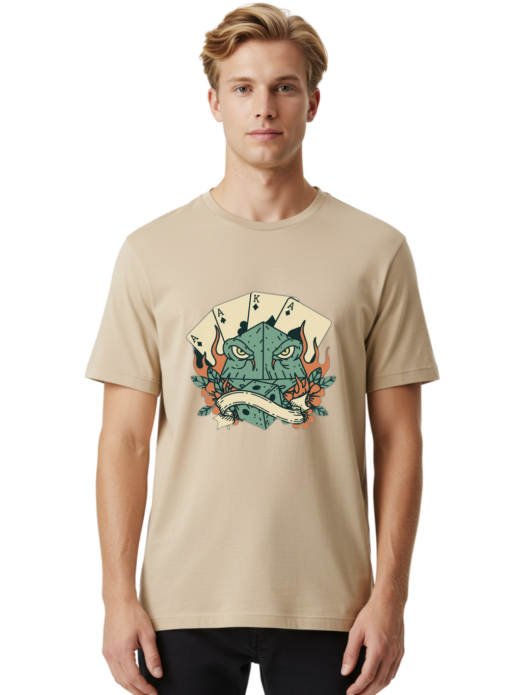 Dice-Face-With-Playing-Cards Men'S Graphic Tee, 100% Cotton, Comfortable Casual Summer Wear, Machine Washable, Dice With Face, Playing Cards, Tattoo Art, Dice Tattoo, Playing Card Tattoo, Lucky Dice, Vibrant Design, Creative Artwork, Bac999