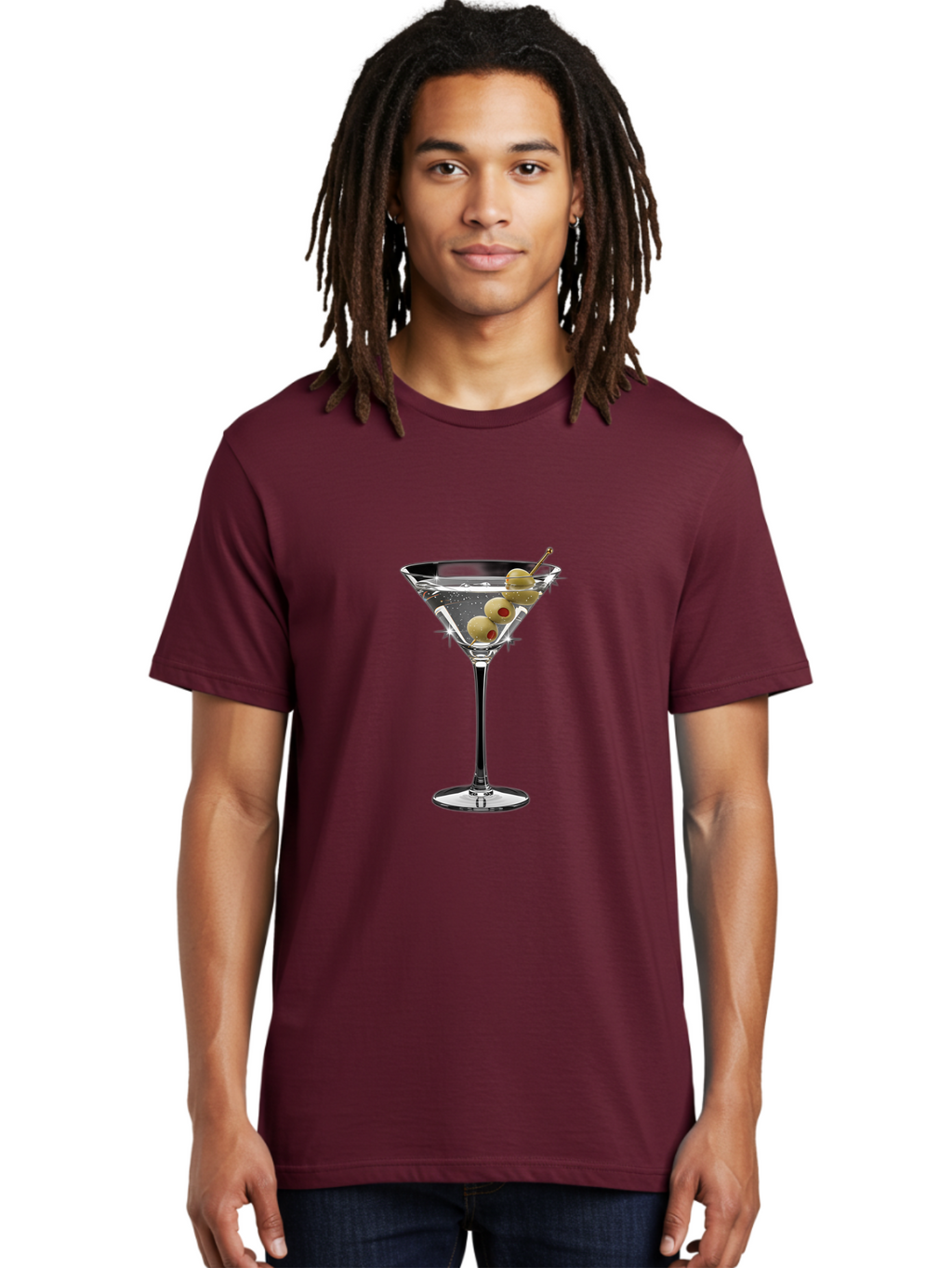 Dirty-Martini-1 Men'S Graphic Tee, 100% Cotton, Comfortable Casual Summer Wear, Machine Washable, Martini Glass, Signature Cocktail, Gin Martini, Dry Martini, Chilled Drink, Green Olives, Red Pimento, Cocktail Party, Sophisticated, Elegant, Bad000
