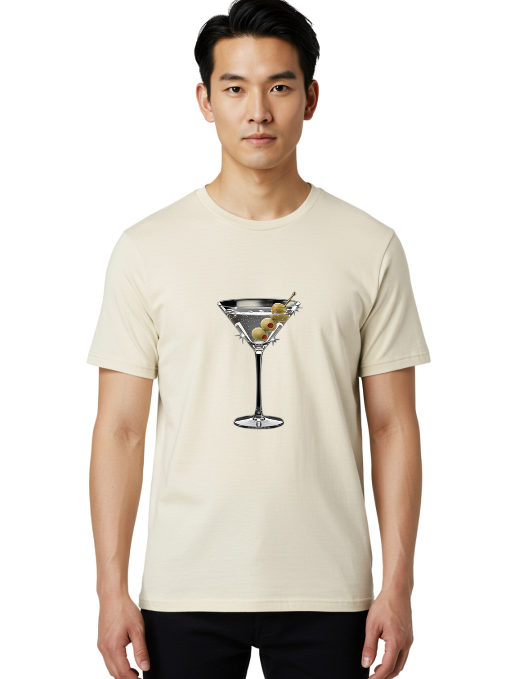 Dirty-Martini-1 Men'S Graphic Tee, 100% Cotton, Comfortable Casual Summer Wear, Machine Washable, Martini Glass, Signature Cocktail, Gin Martini, Dry Martini, Chilled Drink, Green Olives, Red Pimento, Cocktail Party, Sophisticated, Elegant, Bad000