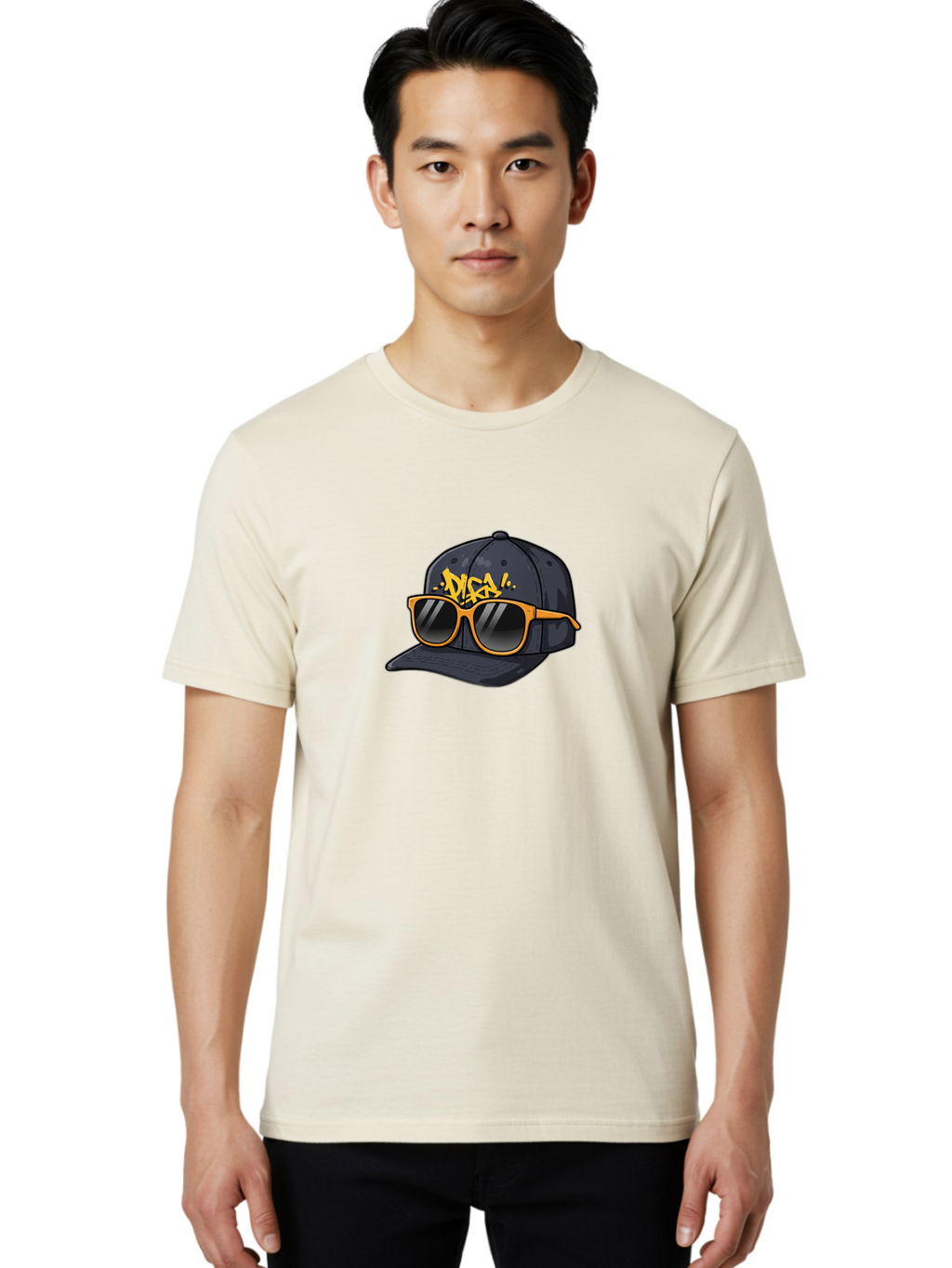 Disa Men'S Graphic Tee, 100% Cotton, Comfortable Casual Summer Wear, Machine Washable, Graffiti Style Cap, Trendy Sunglasses, Bold Fashion, Streetwear, Cool Accessories, Yellow Accents, Casual Style Bad004