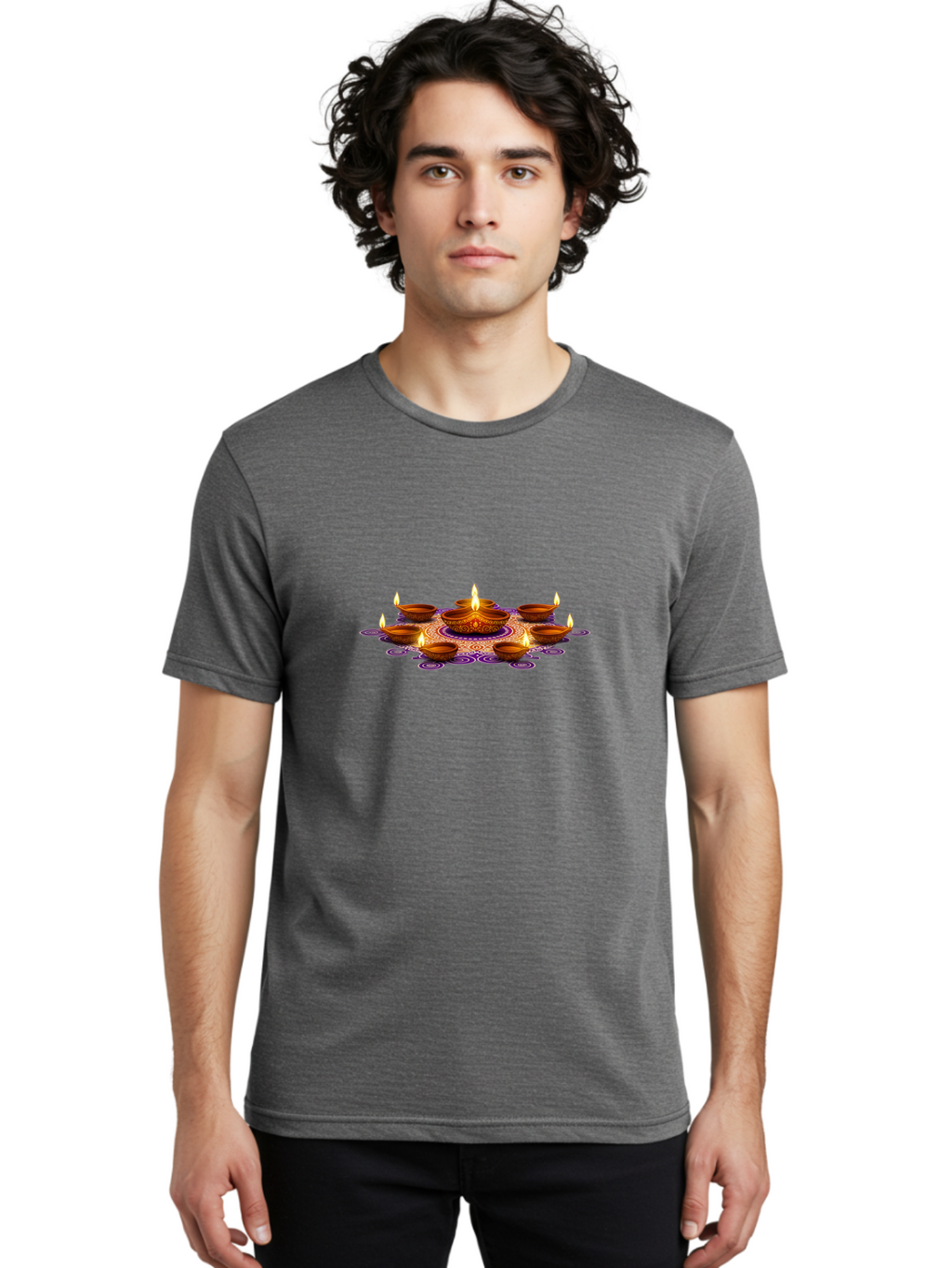 Diwali-Diya Men'S Graphic Tee, 100% Cotton, Comfortable Casual Summer Wear, Machine Washable, Diwali Diyas, Lit Clay Lamps, Diwali Decorations, Traditional Indian Lighting, Festive Atmosphere, Cultural Heritage, Vibrant Colors Bad005