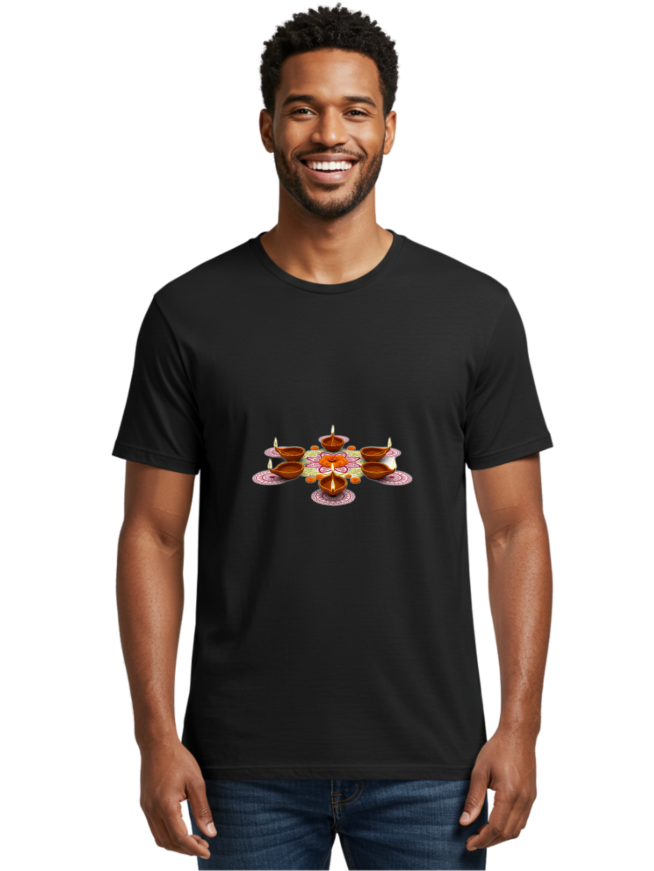 Diwali-Diyas Men'S Graphic Tee, 100% Cotton, Comfortable Casual Summer Wear, Machine Washable, Diwali Diyas, Traditional Indian Lamps, Festive Decorations, Vibrant Colors, Cultural Heritage, Diwali Celebration, Hindu Festival, Rangoli Design, Bad006