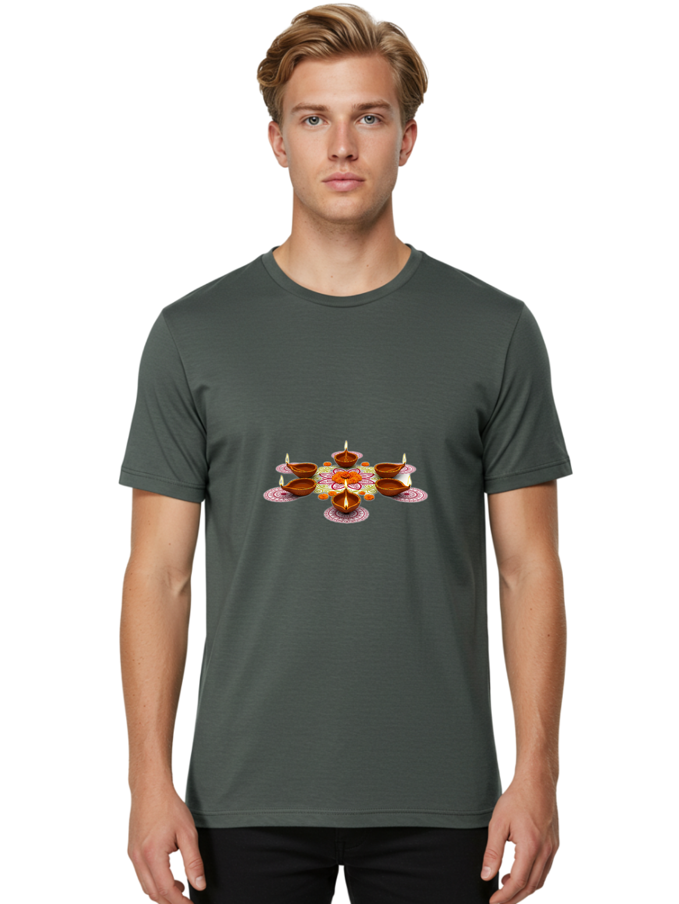 Diwali-Diyas Men'S Graphic Tee, 100% Cotton, Comfortable Casual Summer Wear, Machine Washable, Diwali Diyas, Traditional Indian Lamps, Festive Decorations, Vibrant Colors, Cultural Heritage, Diwali Celebration, Hindu Festival, Rangoli Design, Bad006