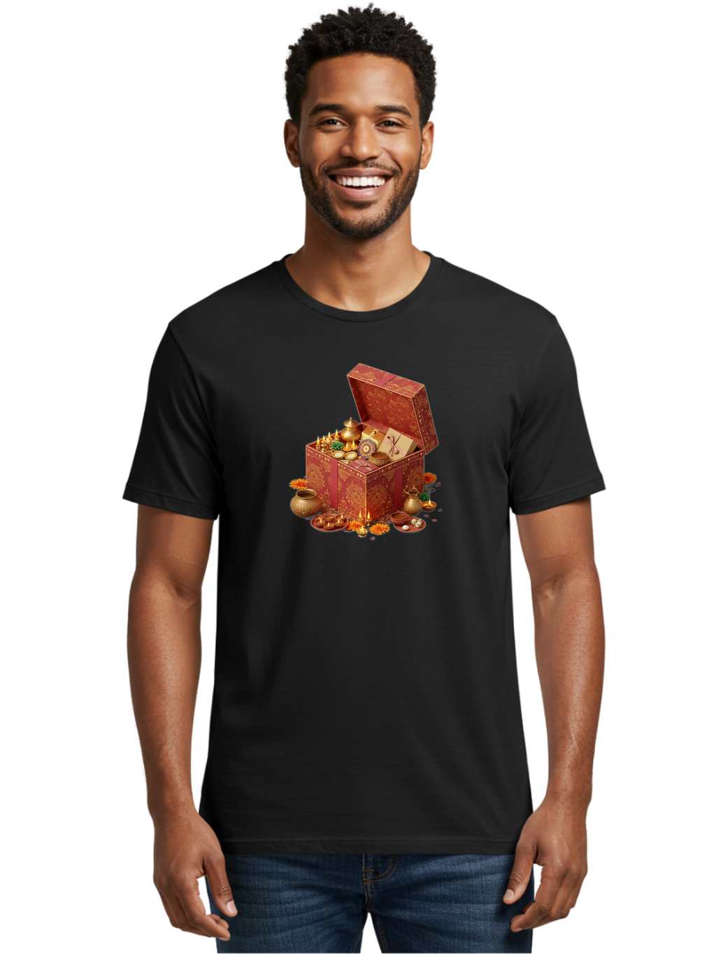 Diwali-Treasure-Chest Men'S Graphic Tee, 100% Cotton, Comfortable Casual Summer Wear, Machine Washable, Puja Box, Puja Items, Diwali Gifts, Indian Festival, Diyas, Diyas And Flowers, Ritualistic Items, Traditional Decorations, Bad007
