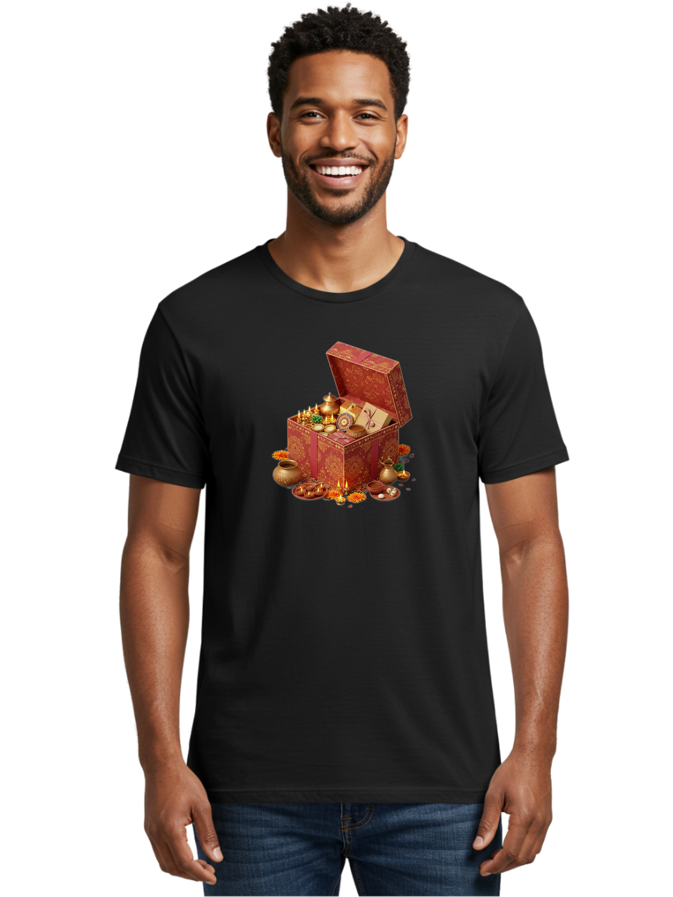 Diwali-Treasure-Chest Men'S Graphic Tee, 100% Cotton, Comfortable Casual Summer Wear, Machine Washable, Puja Box, Puja Items, Diwali Gifts, Indian Festival, Diyas, Diyas And Flowers, Ritualistic Items, Traditional Decorations, Bad007