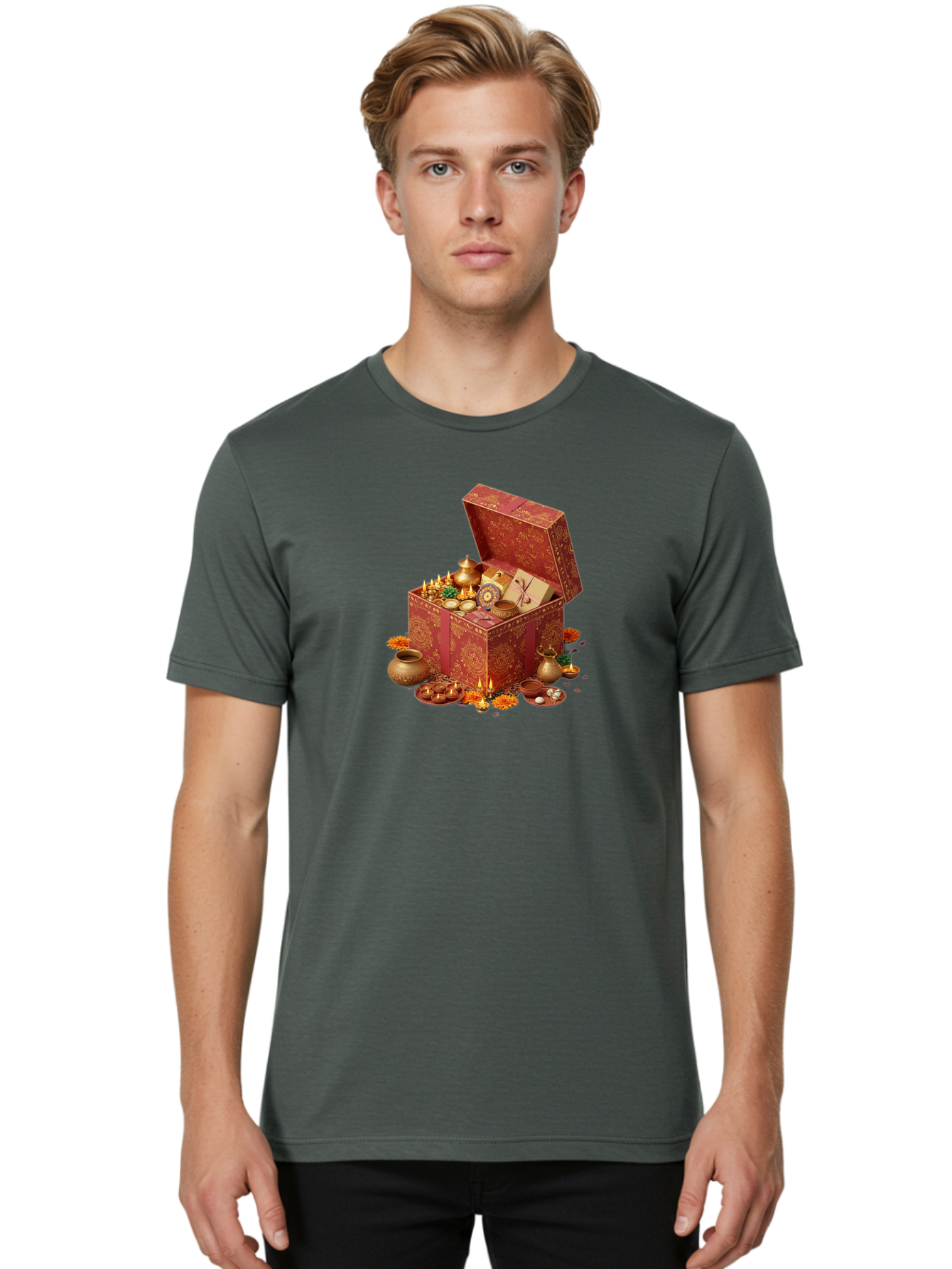 Diwali-Treasure-Chest Men'S Graphic Tee, 100% Cotton, Comfortable Casual Summer Wear, Machine Washable, Puja Box, Puja Items, Diwali Gifts, Indian Festival, Diyas, Diyas And Flowers, Ritualistic Items, Traditional Decorations, Bad007