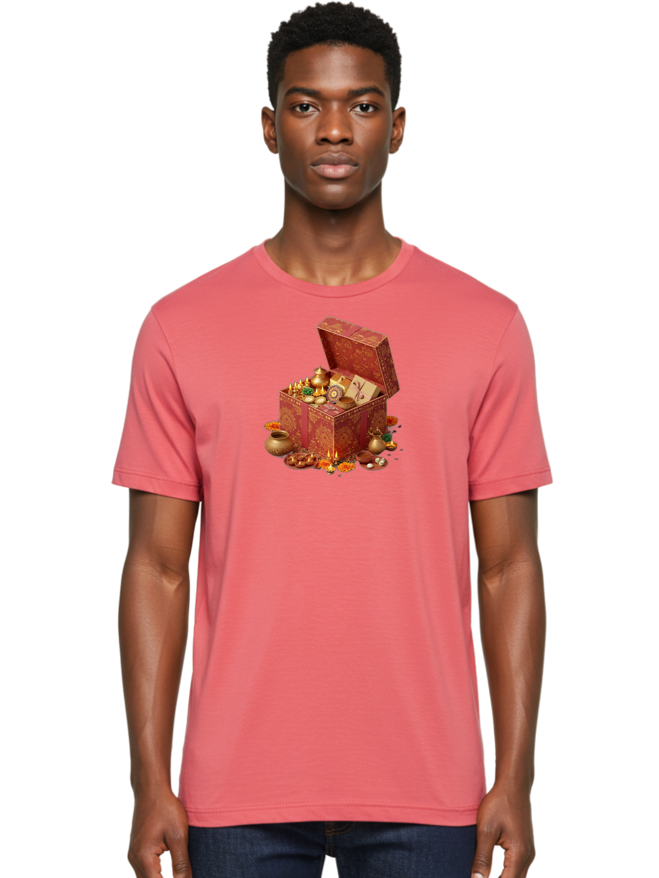 Diwali-Treasure-Chest Men'S Graphic Tee, 100% Cotton, Comfortable Casual Summer Wear, Machine Washable, Puja Box, Puja Items, Diwali Gifts, Indian Festival, Diyas, Diyas And Flowers, Ritualistic Items, Traditional Decorations, Bad007