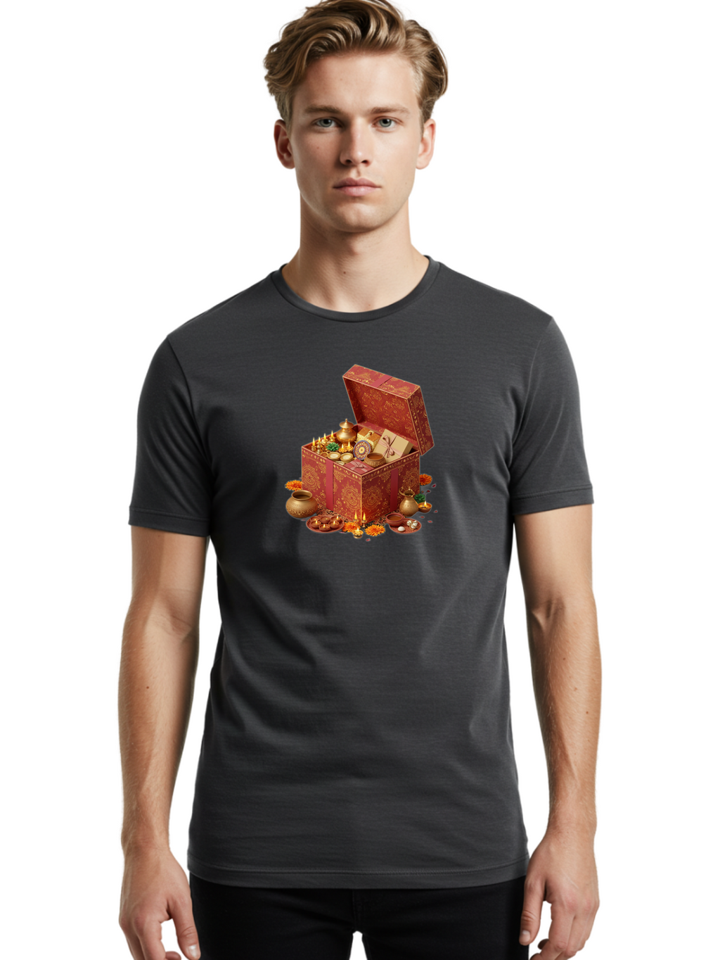 Diwali-Treasure-Chest Men'S Graphic Tee, 100% Cotton, Comfortable Casual Summer Wear, Machine Washable, Puja Box, Puja Items, Diwali Gifts, Indian Festival, Diyas, Diyas And Flowers, Ritualistic Items, Traditional Decorations, Bad007