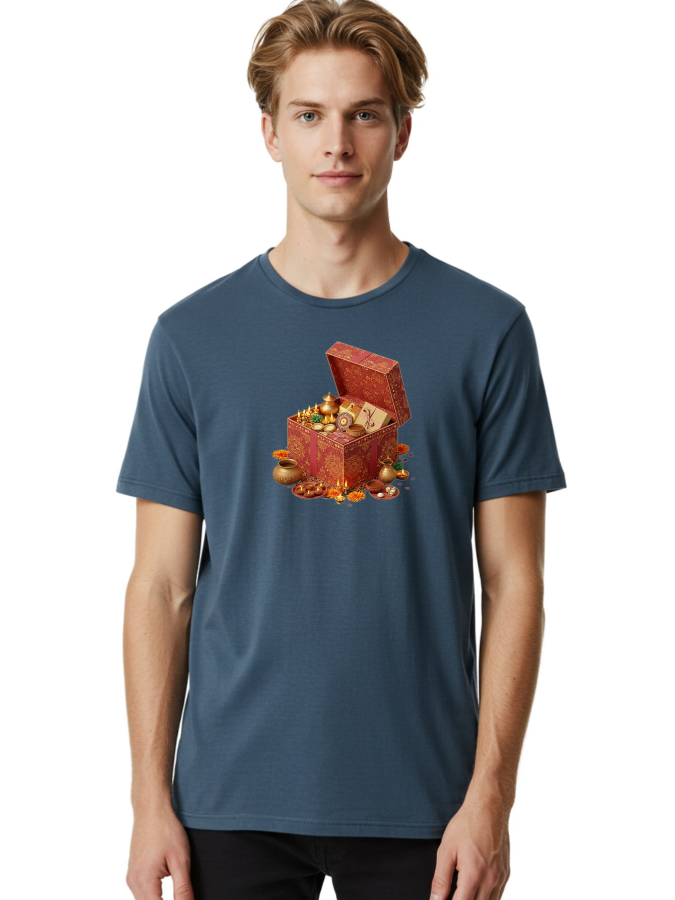 Diwali-Treasure-Chest Men'S Graphic Tee, 100% Cotton, Comfortable Casual Summer Wear, Machine Washable, Puja Box, Puja Items, Diwali Gifts, Indian Festival, Diyas, Diyas And Flowers, Ritualistic Items, Traditional Decorations, Bad007