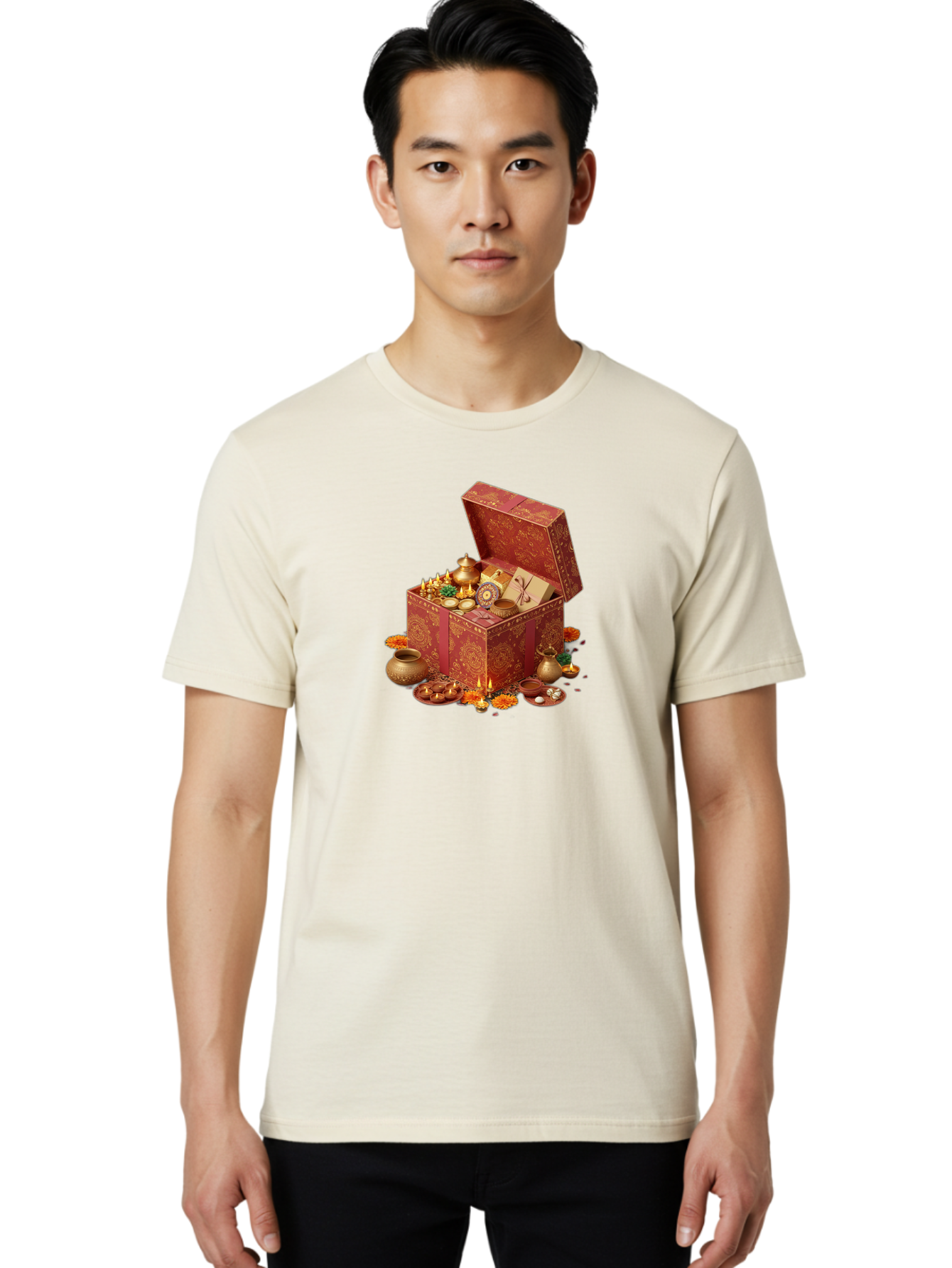 Diwali-Treasure-Chest Men'S Graphic Tee, 100% Cotton, Comfortable Casual Summer Wear, Machine Washable, Puja Box, Puja Items, Diwali Gifts, Indian Festival, Diyas, Diyas And Flowers, Ritualistic Items, Traditional Decorations, Bad007
