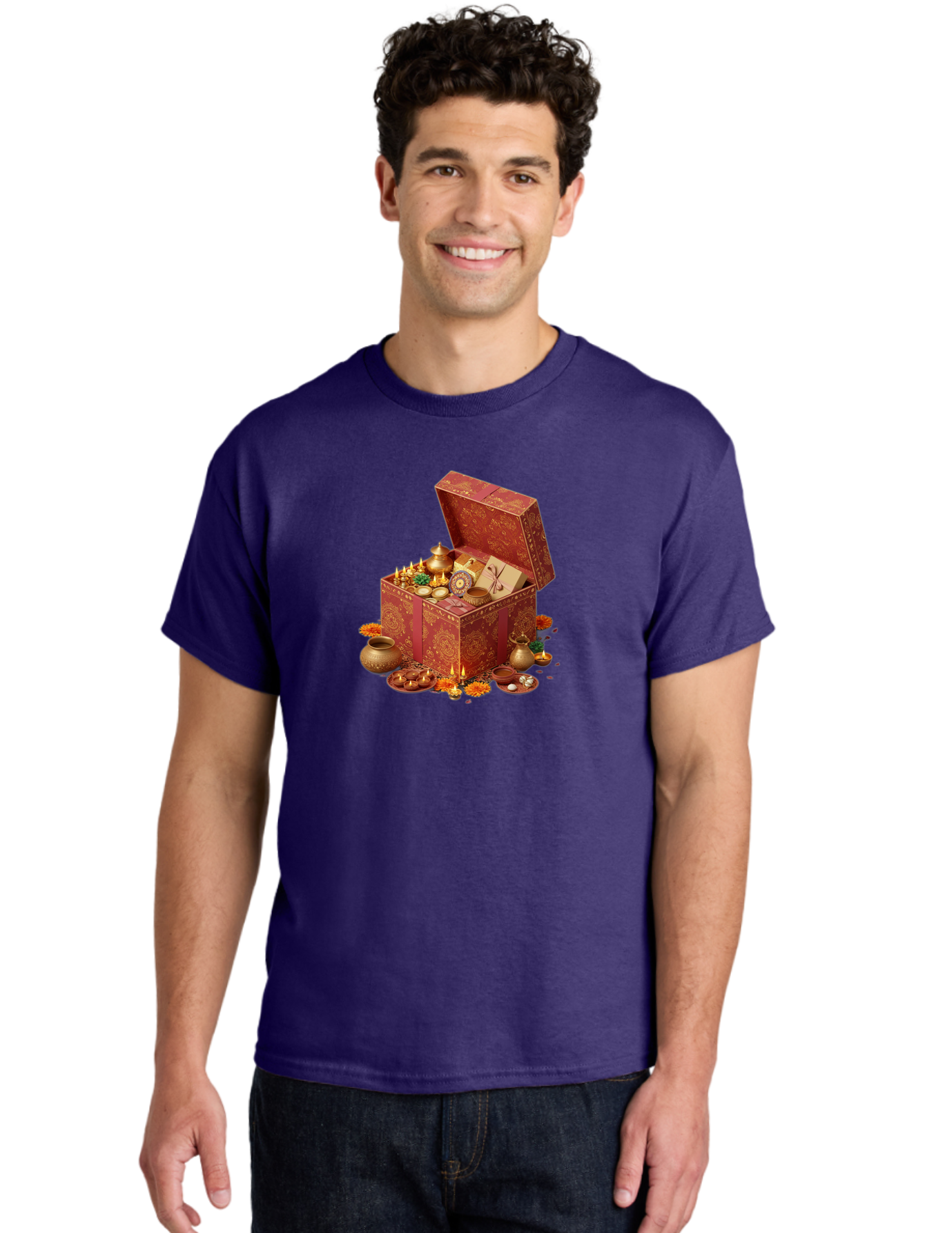 Diwali-Treasure-Chest Men'S Graphic Tee, 100% Cotton, Comfortable Casual Summer Wear, Machine Washable, Puja Box, Puja Items, Diwali Gifts, Indian Festival, Diyas, Diyas And Flowers, Ritualistic Items, Traditional Decorations, Bad007