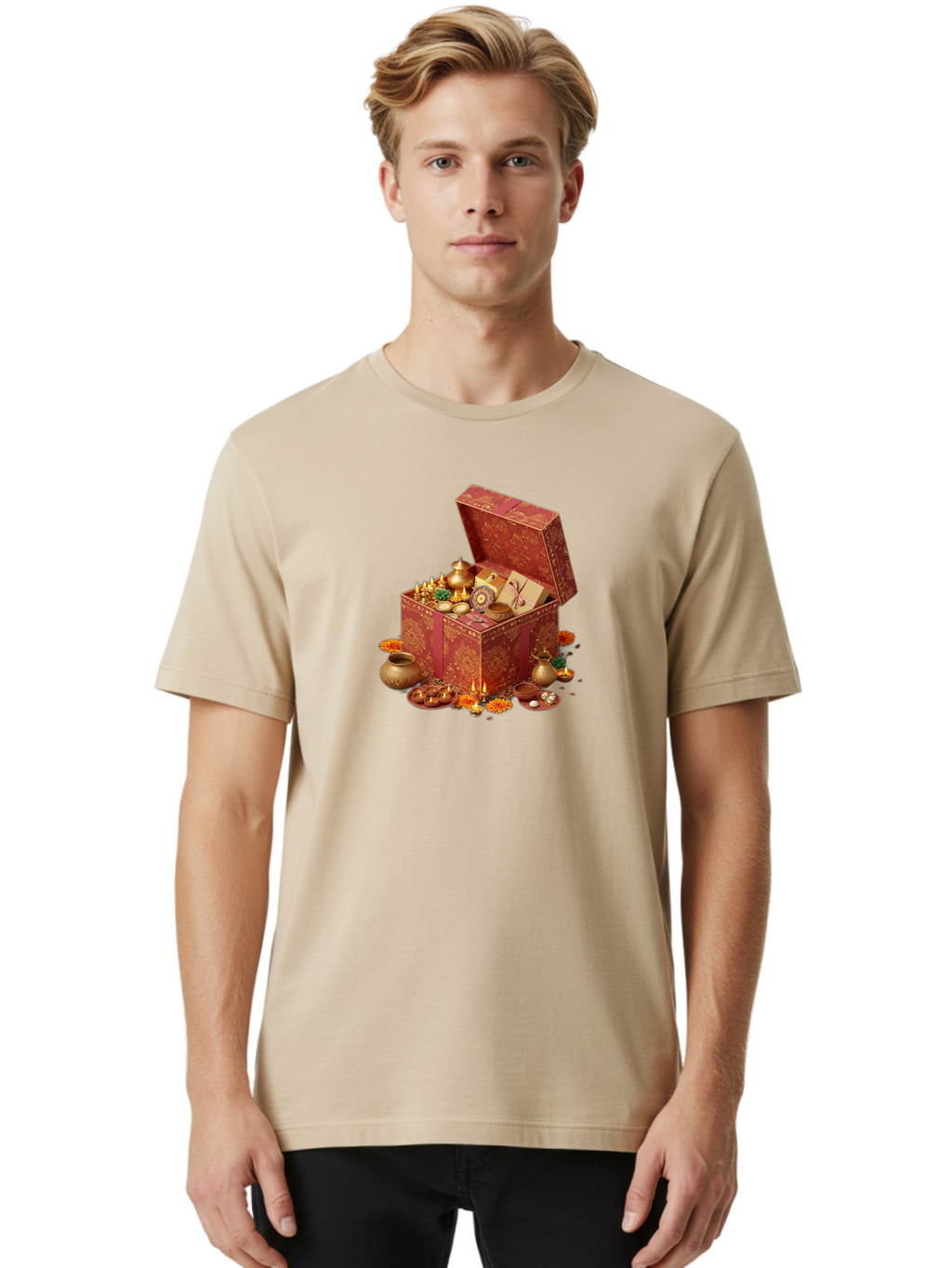 Diwali-Treasure-Chest Men'S Graphic Tee, 100% Cotton, Comfortable Casual Summer Wear, Machine Washable, Puja Box, Puja Items, Diwali Gifts, Indian Festival, Diyas, Diyas And Flowers, Ritualistic Items, Traditional Decorations, Bad007