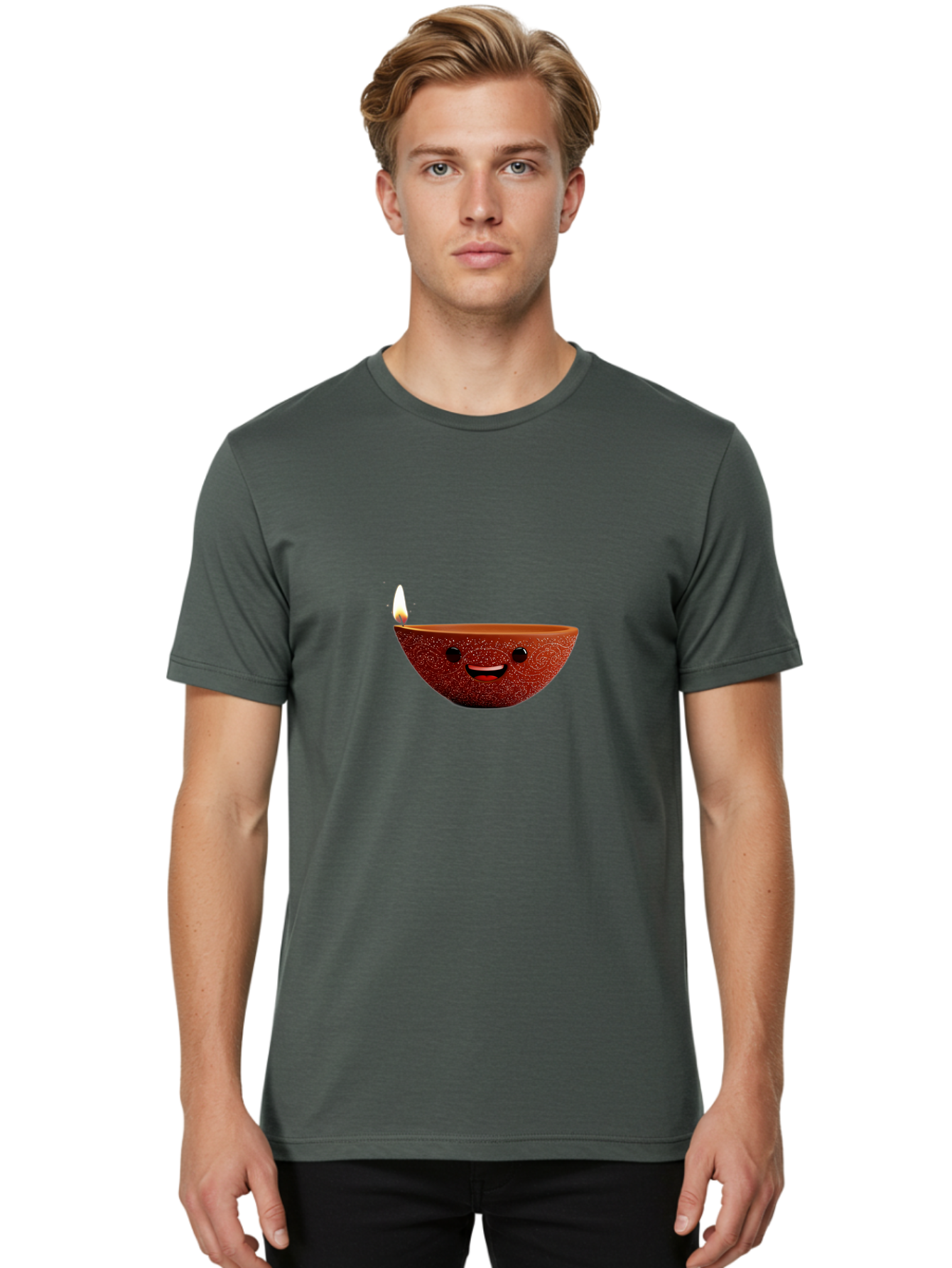 Diya-Lamp-1 Men'S Graphic Tee, 100% Cotton, Comfortable Casual Summer Wear, Machine Washable, Clay Diya Lamp, Decorative Lamp, Lit Candle, Happy Face, Traditional Indian, Festive Mood, Diwali Celebration, Warm Glow Bad018