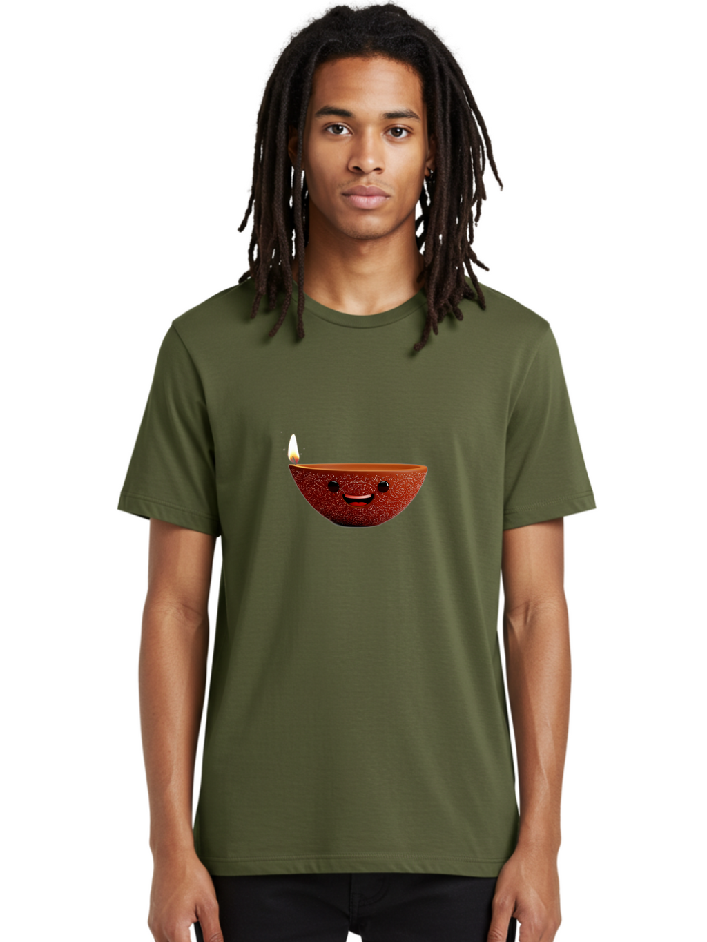 Diya-Lamp-1 Men'S Graphic Tee, 100% Cotton, Comfortable Casual Summer Wear, Machine Washable, Clay Diya Lamp, Decorative Lamp, Lit Candle, Happy Face, Traditional Indian, Festive Mood, Diwali Celebration, Warm Glow Bad018