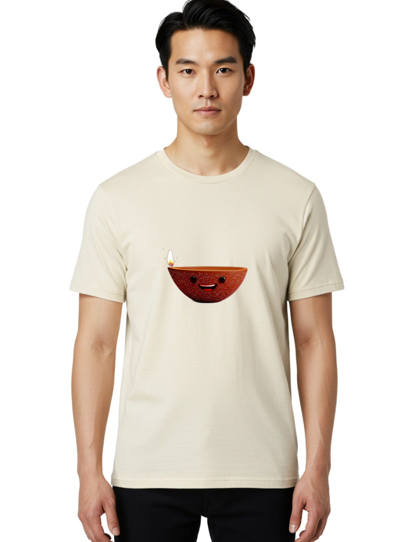 Diya-Lamp-1 Men'S Graphic Tee, 100% Cotton, Comfortable Casual Summer Wear, Machine Washable, Clay Diya Lamp, Decorative Lamp, Lit Candle, Happy Face, Traditional Indian, Festive Mood, Diwali Celebration, Warm Glow Bad018