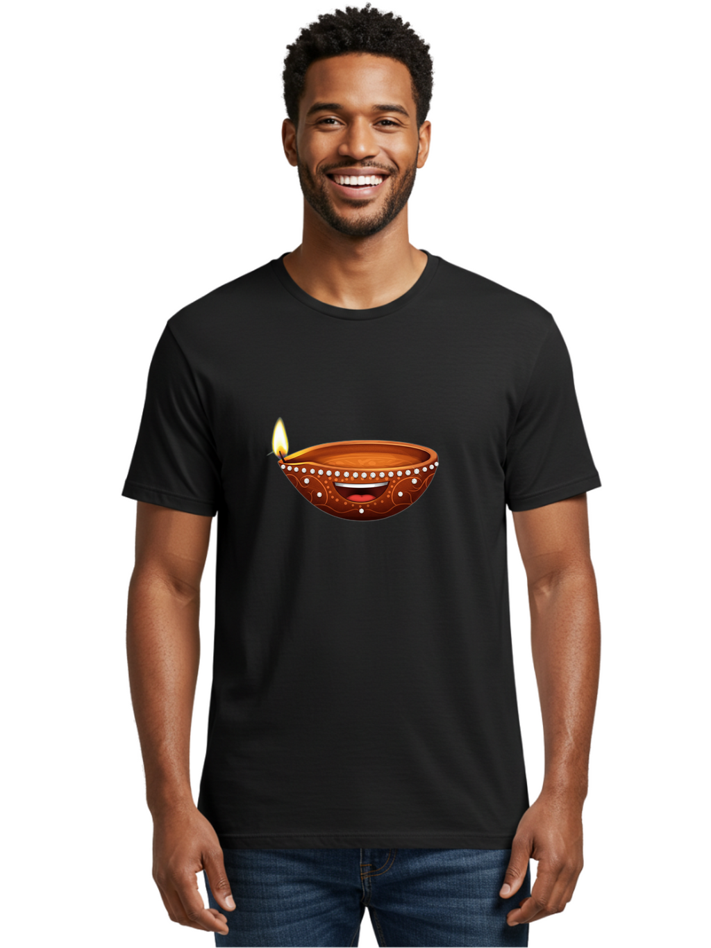 Diya-Lamp-2 Men'S Graphic Tee, 100% Cotton, Comfortable Casual Summer Wear, Machine Washable, Clay Diya Lamp, Lit Diya, Festive Diwali Decoration, Happy Diwali, Traditional Indian Lamp, Diwali Celebration, Diwali Diya, Indian Culture Bad019