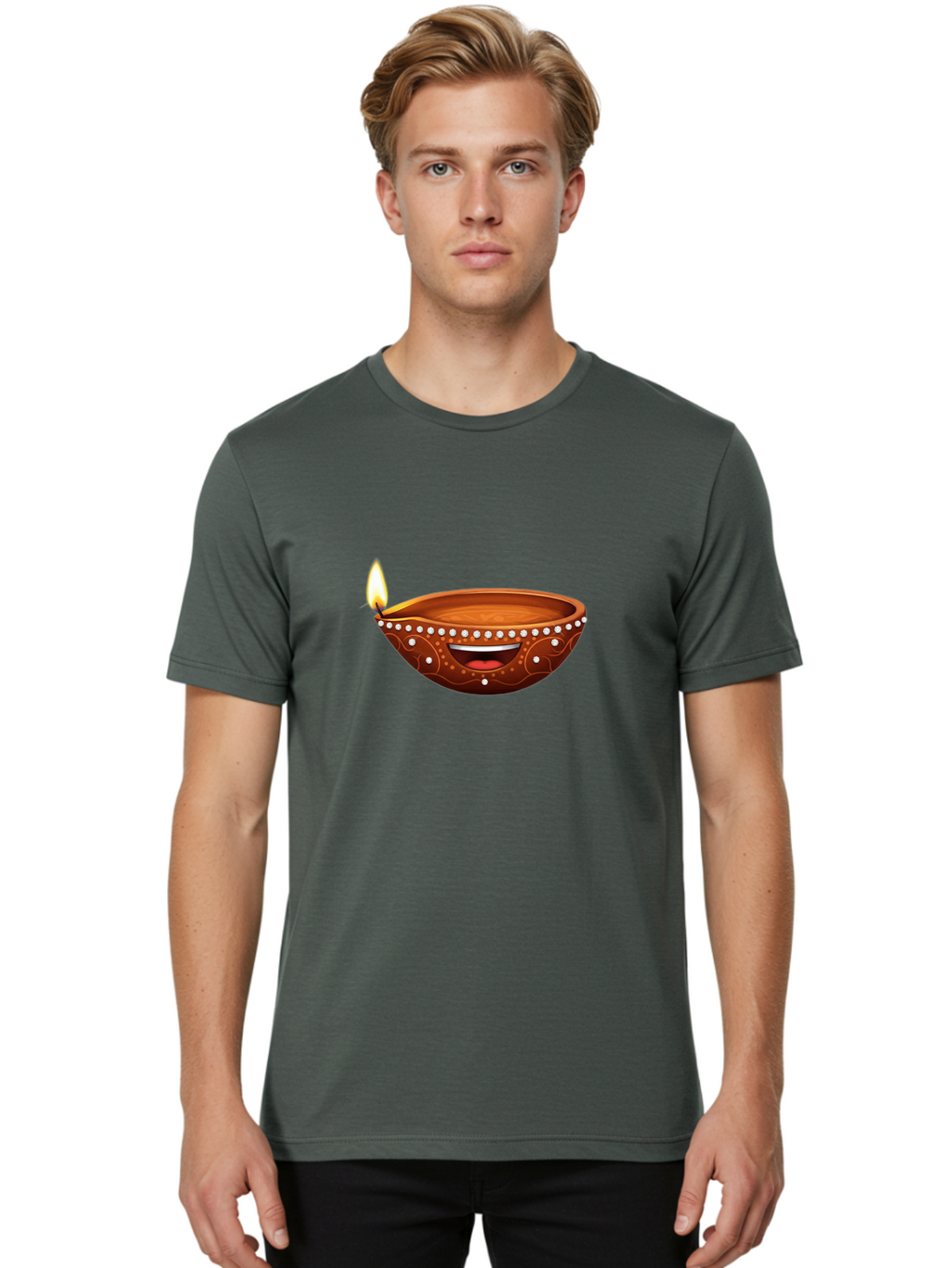 Diya-Lamp-2 Men'S Graphic Tee, 100% Cotton, Comfortable Casual Summer Wear, Machine Washable, Clay Diya Lamp, Lit Diya, Festive Diwali Decoration, Happy Diwali, Traditional Indian Lamp, Diwali Celebration, Diwali Diya, Indian Culture Bad019
