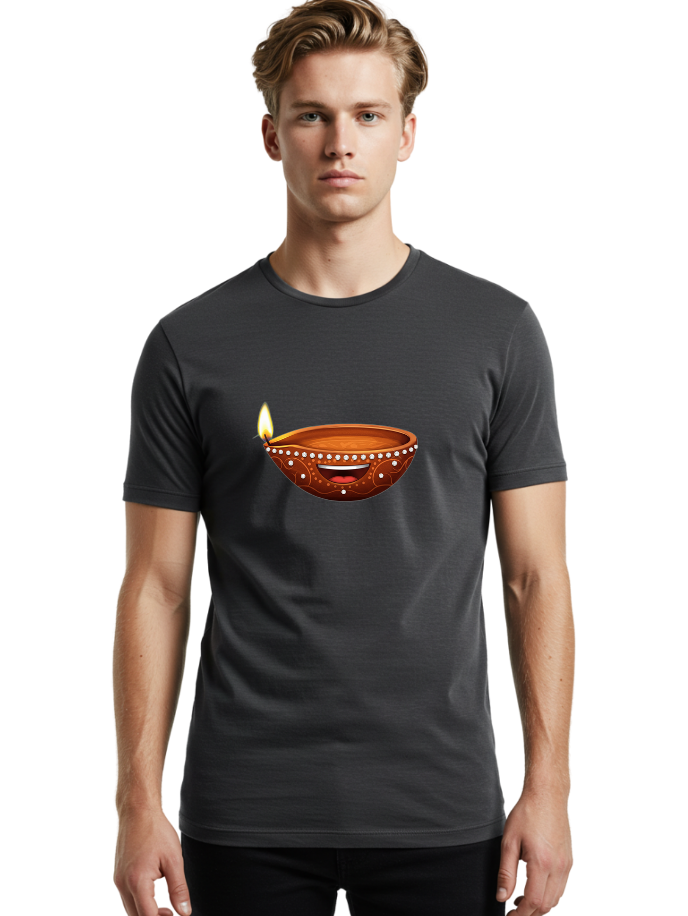 Diya-Lamp-2 Men'S Graphic Tee, 100% Cotton, Comfortable Casual Summer Wear, Machine Washable, Clay Diya Lamp, Lit Diya, Festive Diwali Decoration, Happy Diwali, Traditional Indian Lamp, Diwali Celebration, Diwali Diya, Indian Culture Bad019