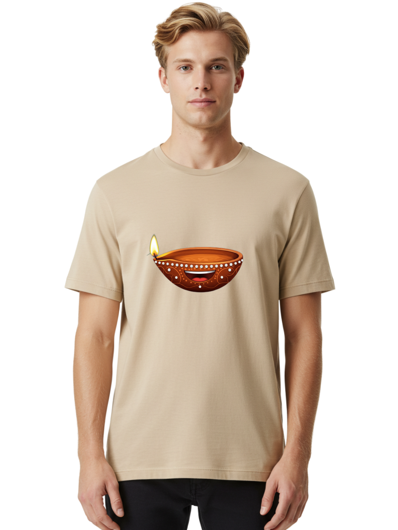 Diya-Lamp-2 Men'S Graphic Tee, 100% Cotton, Comfortable Casual Summer Wear, Machine Washable, Clay Diya Lamp, Lit Diya, Festive Diwali Decoration, Happy Diwali, Traditional Indian Lamp, Diwali Celebration, Diwali Diya, Indian Culture Bad019