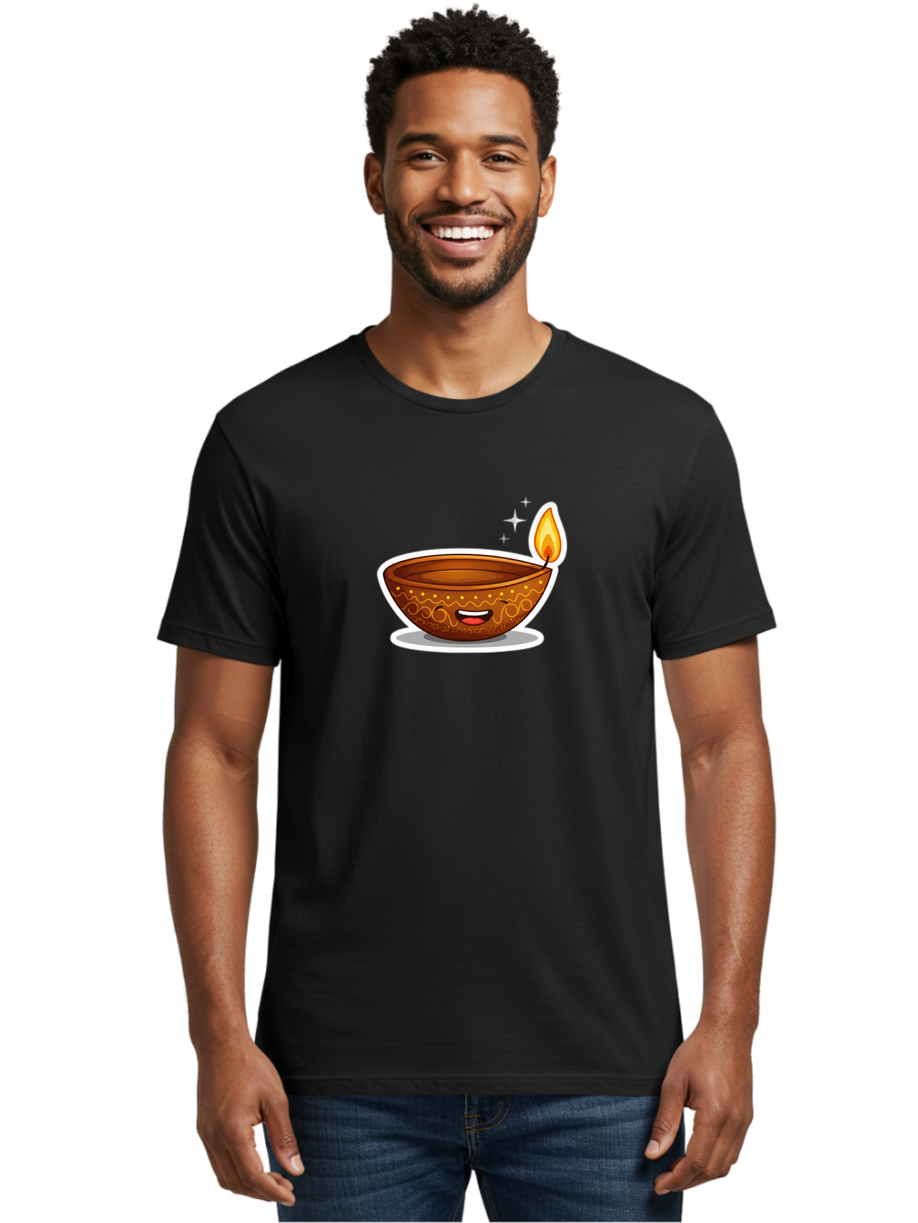 Diya-Lamp-3 Men'S Graphic Tee, 100% Cotton, Comfortable Casual Summer Wear, Machine Washable, Diya Lamp, Diwali Celebration, Traditional Indian Decor, Smiling Face, Lit Candle, Festive Atmosphere, Happy Emotions, Cultural Heritage, Bad020