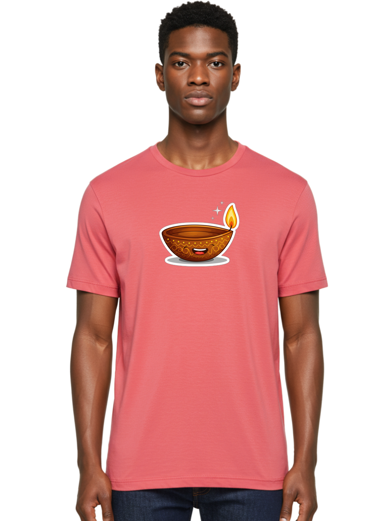 Diya-Lamp-3 Men'S Graphic Tee, 100% Cotton, Comfortable Casual Summer Wear, Machine Washable, Diya Lamp, Diwali Celebration, Traditional Indian Decor, Smiling Face, Lit Candle, Festive Atmosphere, Happy Emotions, Cultural Heritage, Bad020