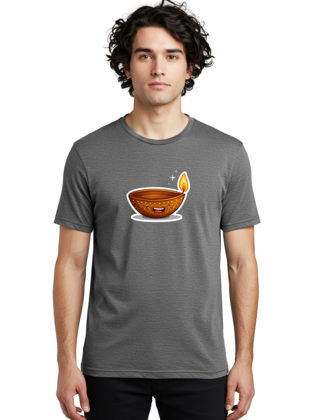 Diya-Lamp-3 Men'S Graphic Tee, 100% Cotton, Comfortable Casual Summer Wear, Machine Washable, Diya Lamp, Diwali Celebration, Traditional Indian Decor, Smiling Face, Lit Candle, Festive Atmosphere, Happy Emotions, Cultural Heritage, Bad020