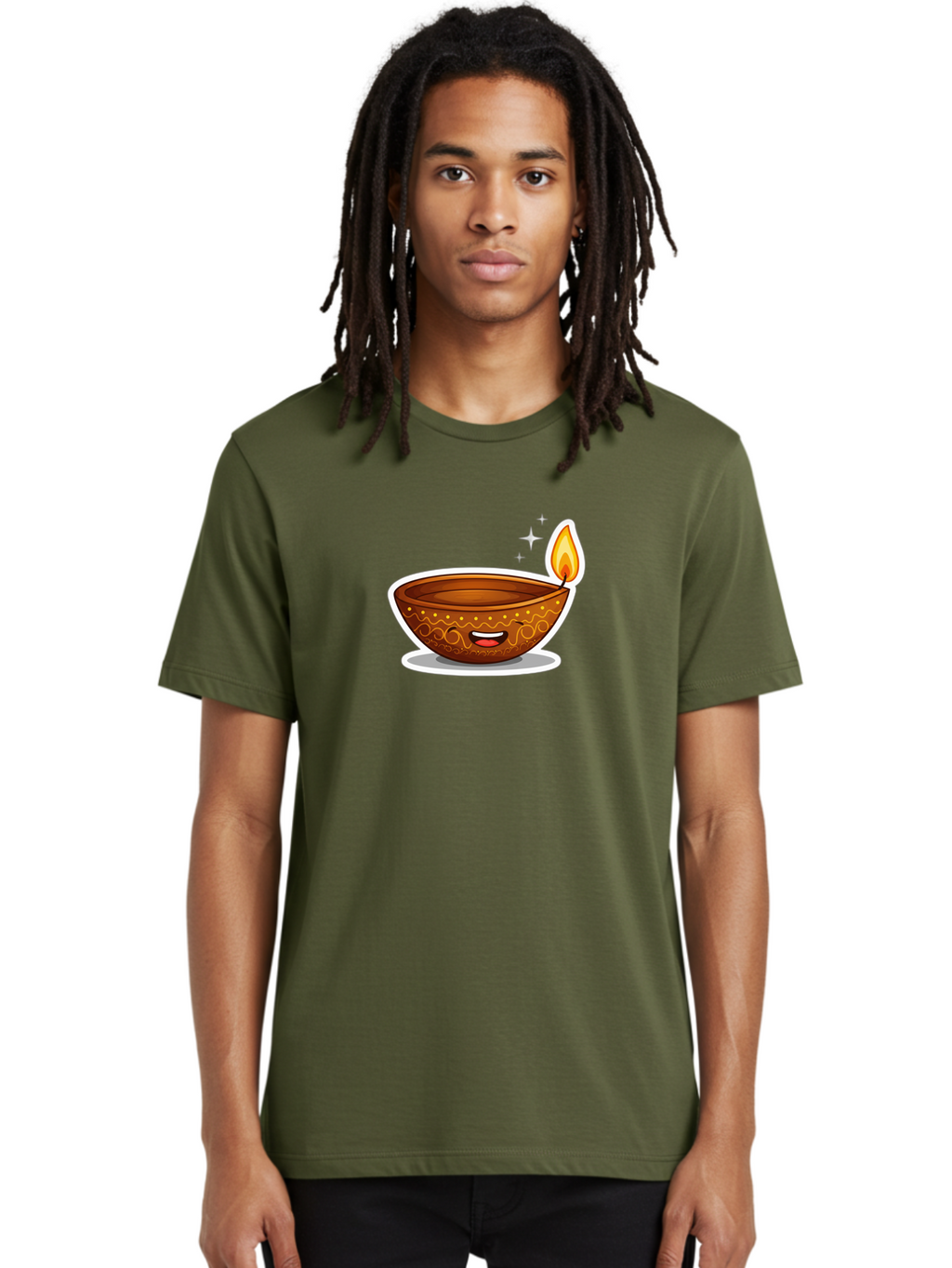 Diya-Lamp-3 Men'S Graphic Tee, 100% Cotton, Comfortable Casual Summer Wear, Machine Washable, Diya Lamp, Diwali Celebration, Traditional Indian Decor, Smiling Face, Lit Candle, Festive Atmosphere, Happy Emotions, Cultural Heritage, Bad020