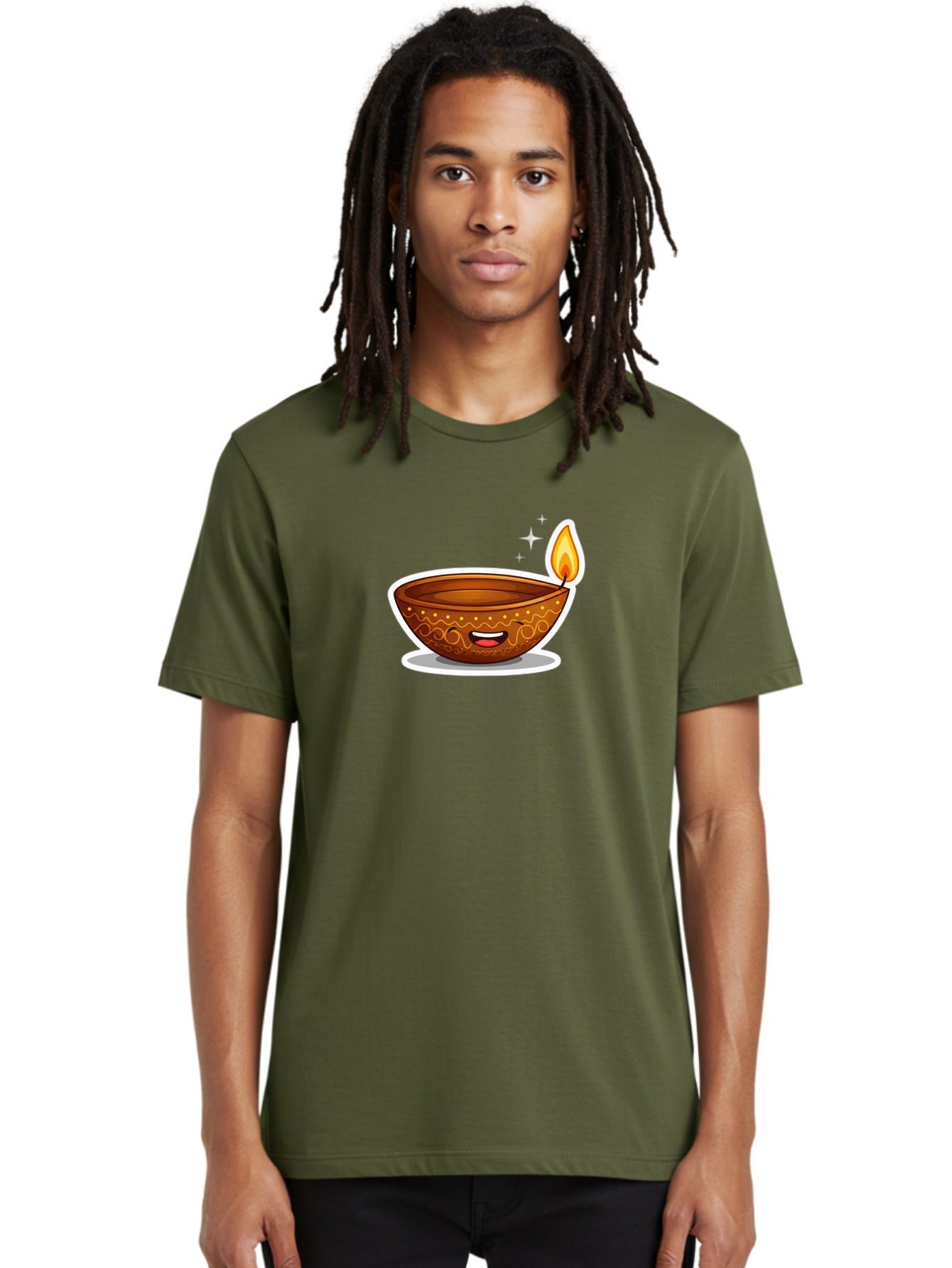 Diya-Lamp-3 Men'S Graphic Tee, 100% Cotton, Comfortable Casual Summer Wear, Machine Washable, Diya Lamp, Diwali Celebration, Traditional Indian Decor, Smiling Face, Lit Candle, Festive Atmosphere, Happy Emotions, Cultural Heritage, Bad020