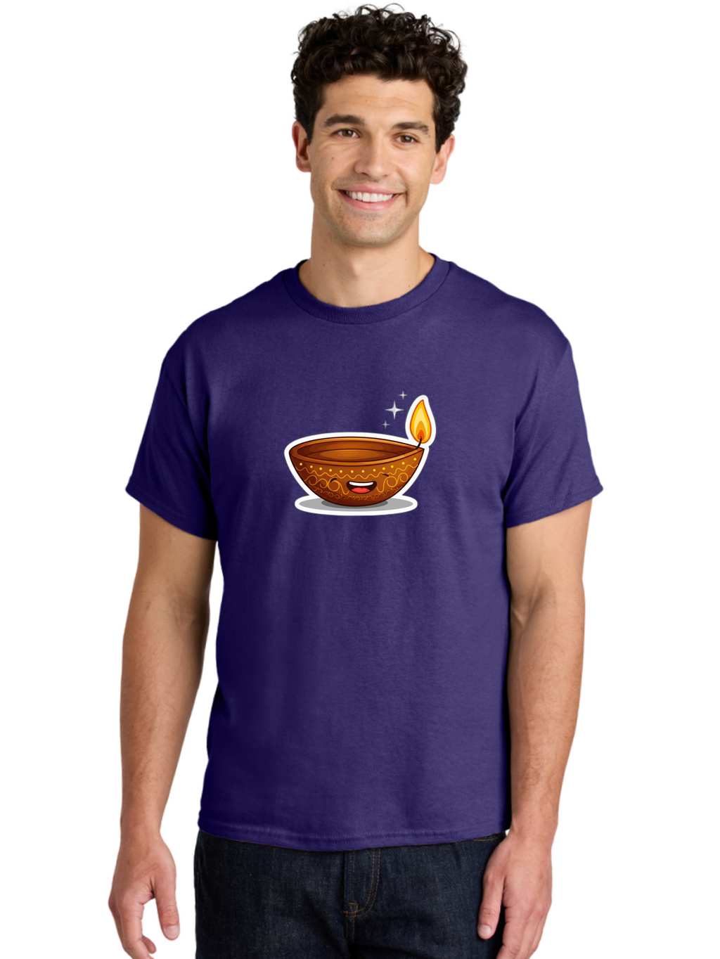 Diya-Lamp-3 Men'S Graphic Tee, 100% Cotton, Comfortable Casual Summer Wear, Machine Washable, Diya Lamp, Diwali Celebration, Traditional Indian Decor, Smiling Face, Lit Candle, Festive Atmosphere, Happy Emotions, Cultural Heritage, Bad020