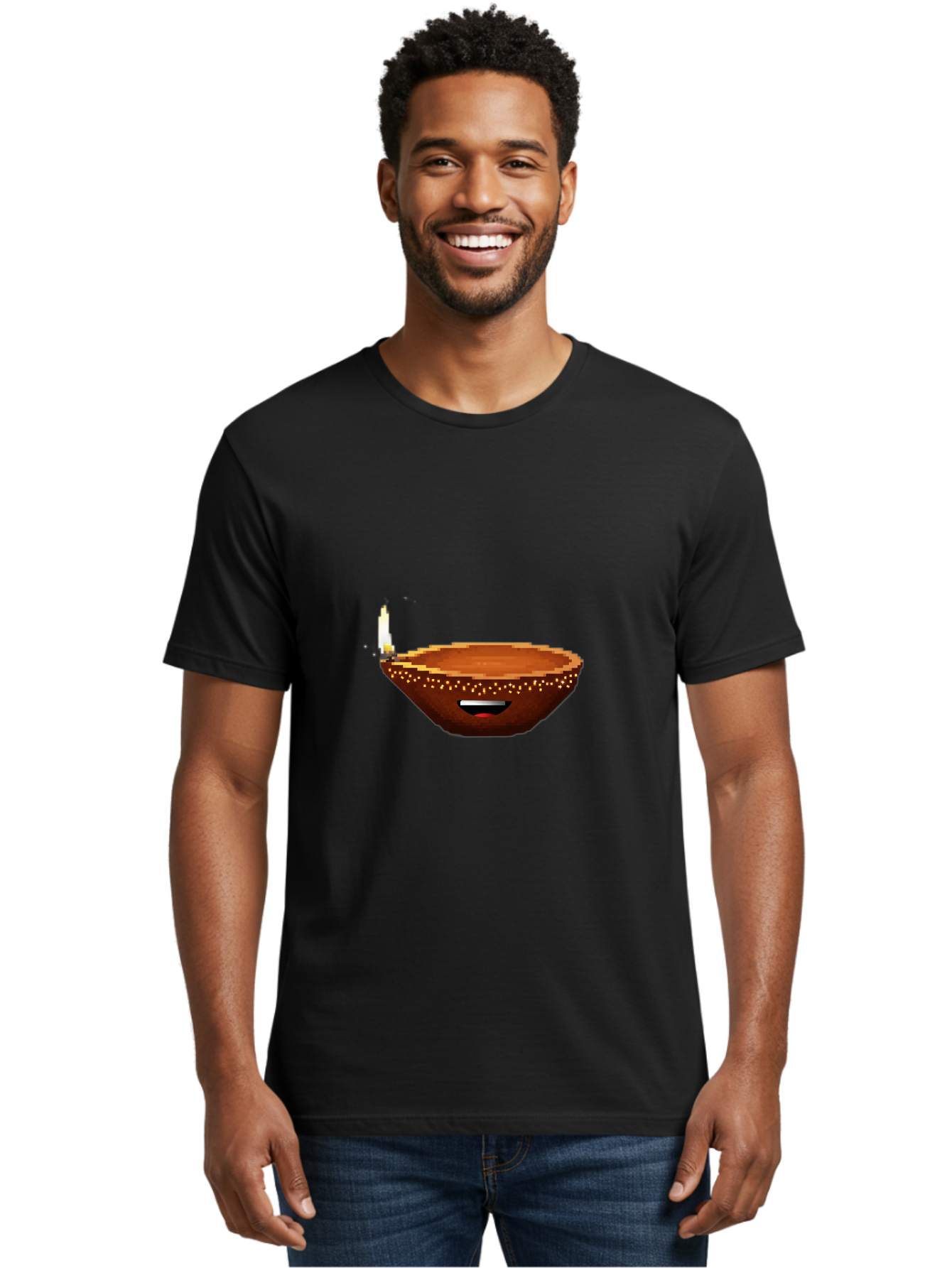 Diya-Lamp-4 Men'S Graphic Tee, 100% Cotton, Comfortable Casual Summer Wear, Machine Washable, Clay Diya, Lit Diya, Diwali Decoration, Indian Culture, Traditional Lamp, Festive Atmosphere, Glowing Flame, Spiritual Symbol, Pixel Art Bad021