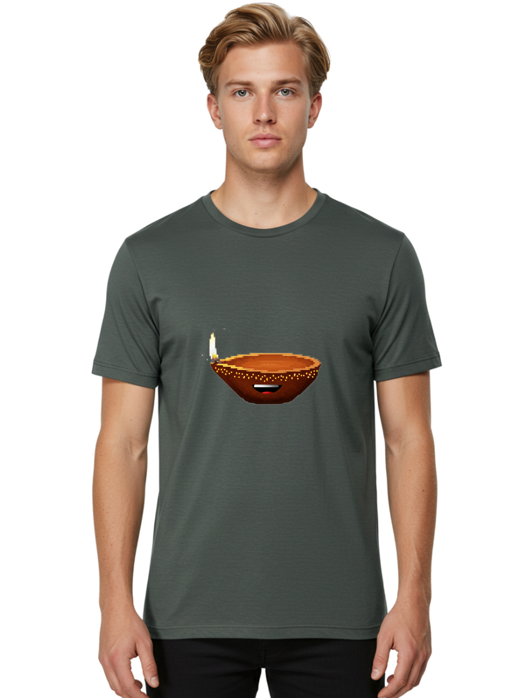 Diya-Lamp-4 Men'S Graphic Tee, 100% Cotton, Comfortable Casual Summer Wear, Machine Washable, Clay Diya, Lit Diya, Diwali Decoration, Indian Culture, Traditional Lamp, Festive Atmosphere, Glowing Flame, Spiritual Symbol, Pixel Art Bad021