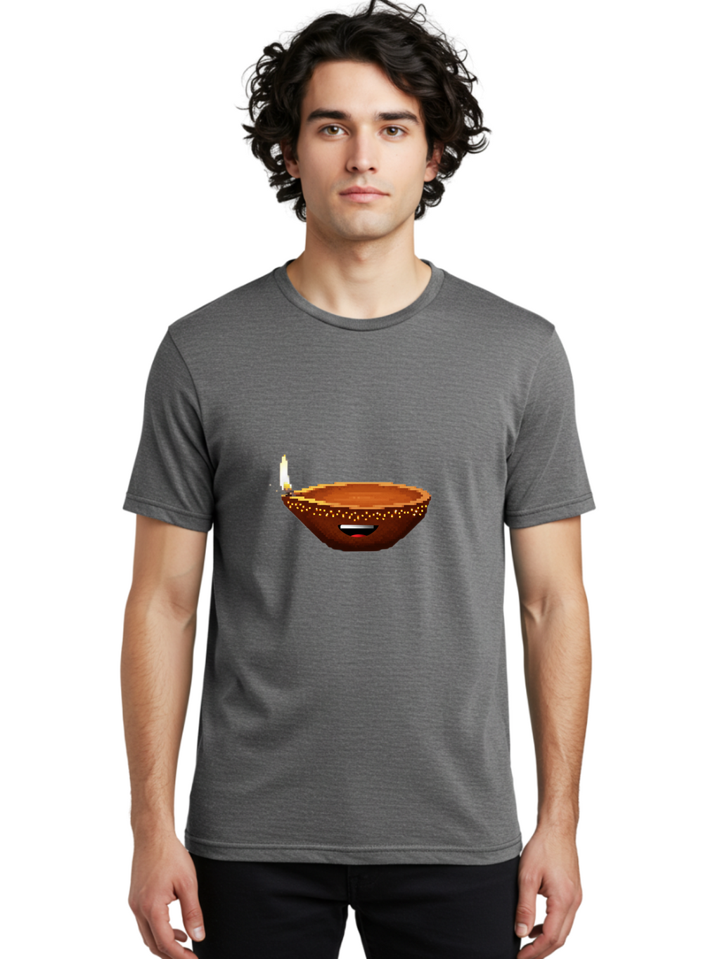 Diya-Lamp-4 Men'S Graphic Tee, 100% Cotton, Comfortable Casual Summer Wear, Machine Washable, Clay Diya, Lit Diya, Diwali Decoration, Indian Culture, Traditional Lamp, Festive Atmosphere, Glowing Flame, Spiritual Symbol, Pixel Art Bad021