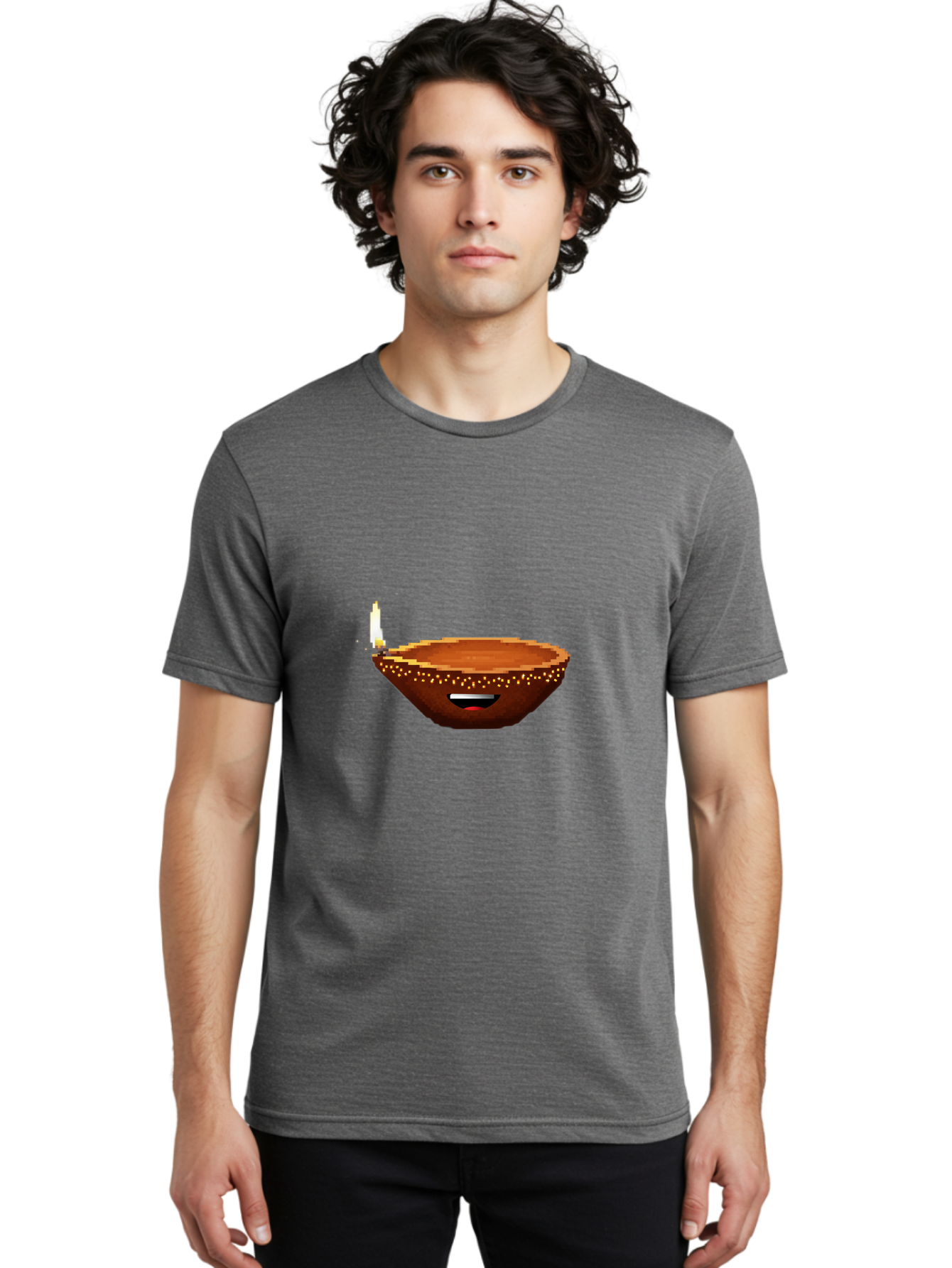 Diya-Lamp-4 Men'S Graphic Tee, 100% Cotton, Comfortable Casual Summer Wear, Machine Washable, Clay Diya, Lit Diya, Diwali Decoration, Indian Culture, Traditional Lamp, Festive Atmosphere, Glowing Flame, Spiritual Symbol, Pixel Art Bad021