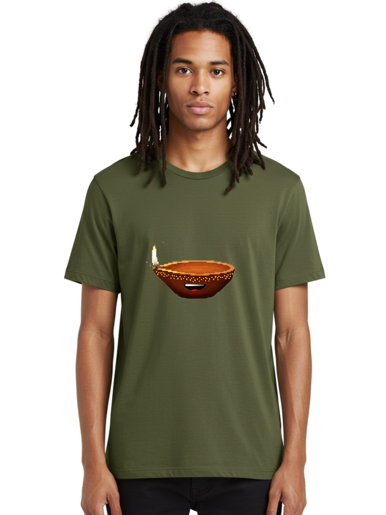 Diya-Lamp-4 Men'S Graphic Tee, 100% Cotton, Comfortable Casual Summer Wear, Machine Washable, Clay Diya, Lit Diya, Diwali Decoration, Indian Culture, Traditional Lamp, Festive Atmosphere, Glowing Flame, Spiritual Symbol, Pixel Art Bad021