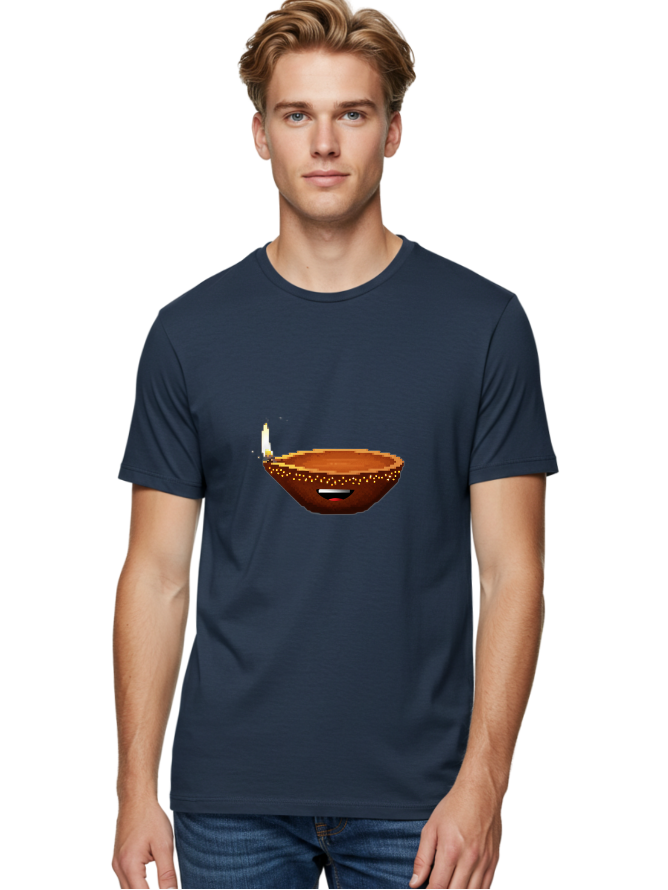 Diya-Lamp-4 Men'S Graphic Tee, 100% Cotton, Comfortable Casual Summer Wear, Machine Washable, Clay Diya, Lit Diya, Diwali Decoration, Indian Culture, Traditional Lamp, Festive Atmosphere, Glowing Flame, Spiritual Symbol, Pixel Art Bad021