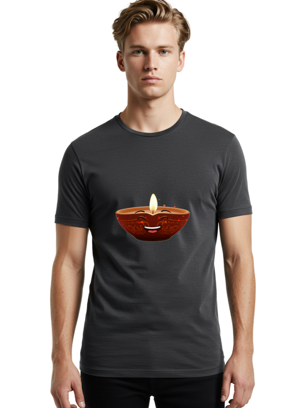 Diya-Lamp-5 Men'S Graphic Tee, 100% Cotton, Comfortable Casual Summer Wear, Machine Washable, Diwali Diya, Clay Lamp, Lit Candle, Smiling Face, Traditional Decor, Festive Atmosphere, Indian Culture, Warm Glow, Happiness Bad022