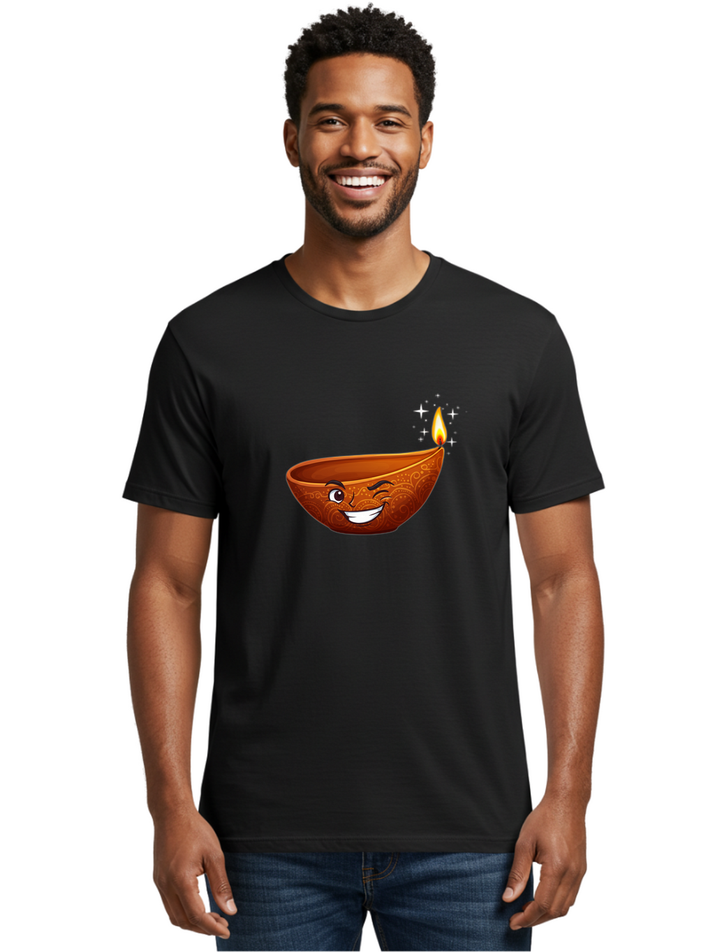 Diya-Lamp-6 Men'S Graphic Tee, 100% Cotton, Comfortable Casual Summer Wear, Machine Washable, Clay Diya Lamp, Happy Face, Lit Candle, Sparkling Stars, Festive Atmosphere, Indian Culture, Diwali Celebration, Traditional Decor Bad023