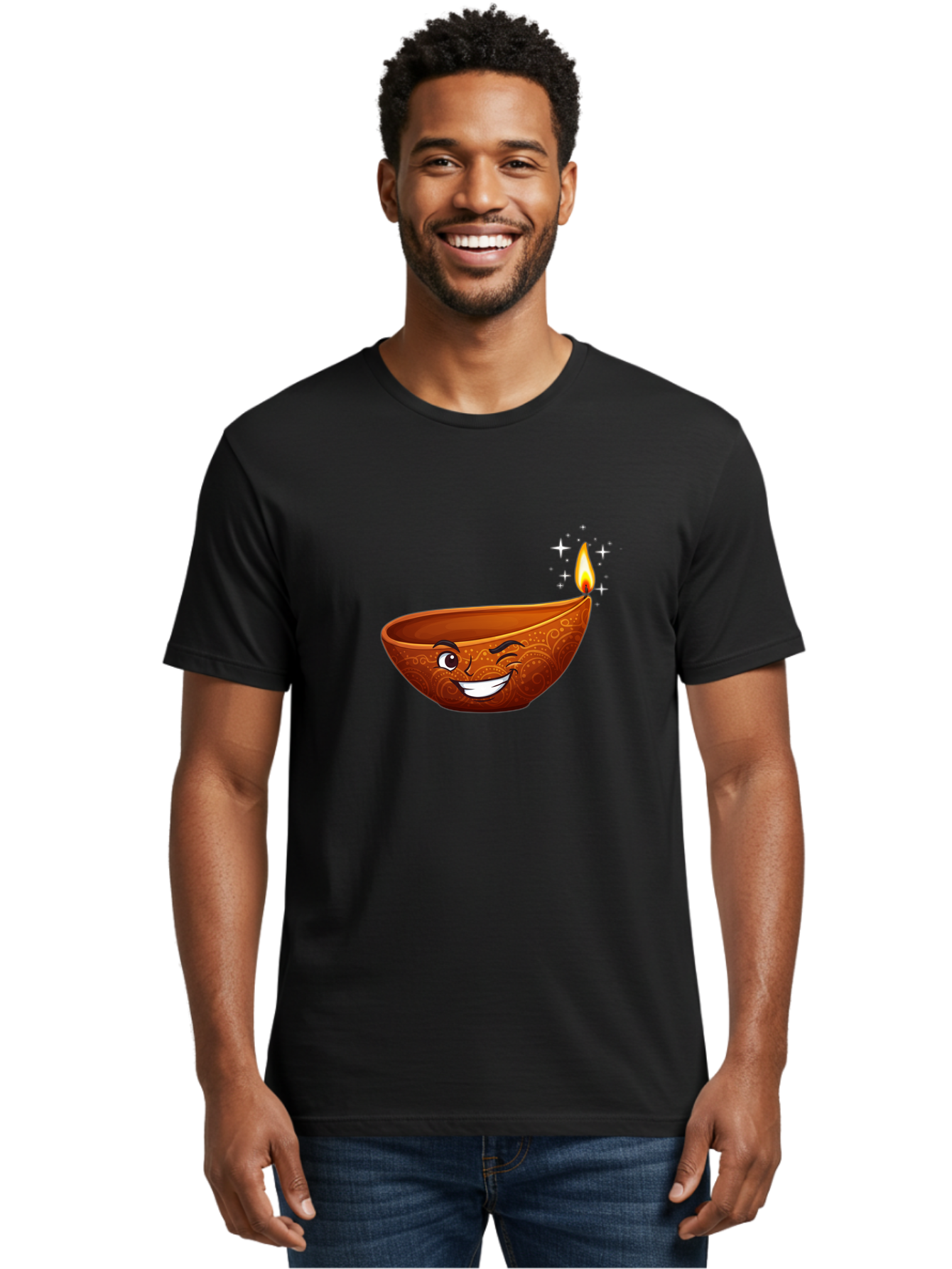 Diya-Lamp-6 Men'S Graphic Tee, 100% Cotton, Comfortable Casual Summer Wear, Machine Washable, Clay Diya Lamp, Happy Face, Lit Candle, Sparkling Stars, Festive Atmosphere, Indian Culture, Diwali Celebration, Traditional Decor Bad023