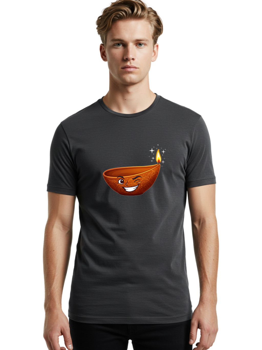 Diya-Lamp-6 Men'S Graphic Tee, 100% Cotton, Comfortable Casual Summer Wear, Machine Washable, Clay Diya Lamp, Happy Face, Lit Candle, Sparkling Stars, Festive Atmosphere, Indian Culture, Diwali Celebration, Traditional Decor Bad023