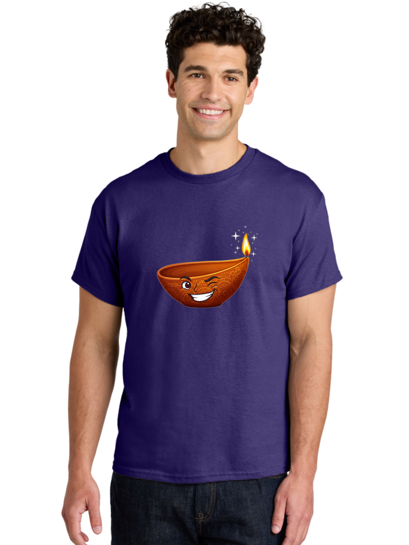 Diya-Lamp-6 Men'S Graphic Tee, 100% Cotton, Comfortable Casual Summer Wear, Machine Washable, Clay Diya Lamp, Happy Face, Lit Candle, Sparkling Stars, Festive Atmosphere, Indian Culture, Diwali Celebration, Traditional Decor Bad023