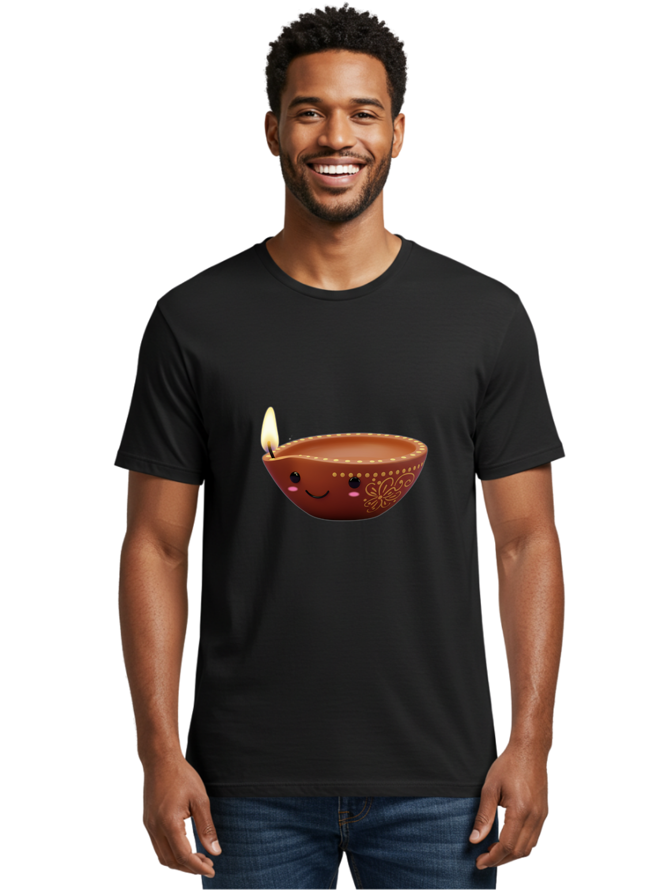 Diya-Lamp-7 Men'S Graphic Tee, 100% Cotton, Comfortable Casual Summer Wear, Machine Washable, Traditional Diya Lamp, Clay Diya, Lit Candle, Festive Decor, Indian Culture, Smiling Face, Decorative Patterns, Warm Glow, Cultural Heritage, Bad024