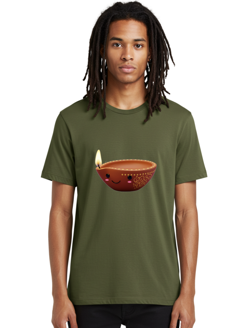 Diya-Lamp-7 Men'S Graphic Tee, 100% Cotton, Comfortable Casual Summer Wear, Machine Washable, Traditional Diya Lamp, Clay Diya, Lit Candle, Festive Decor, Indian Culture, Smiling Face, Decorative Patterns, Warm Glow, Cultural Heritage, Bad024