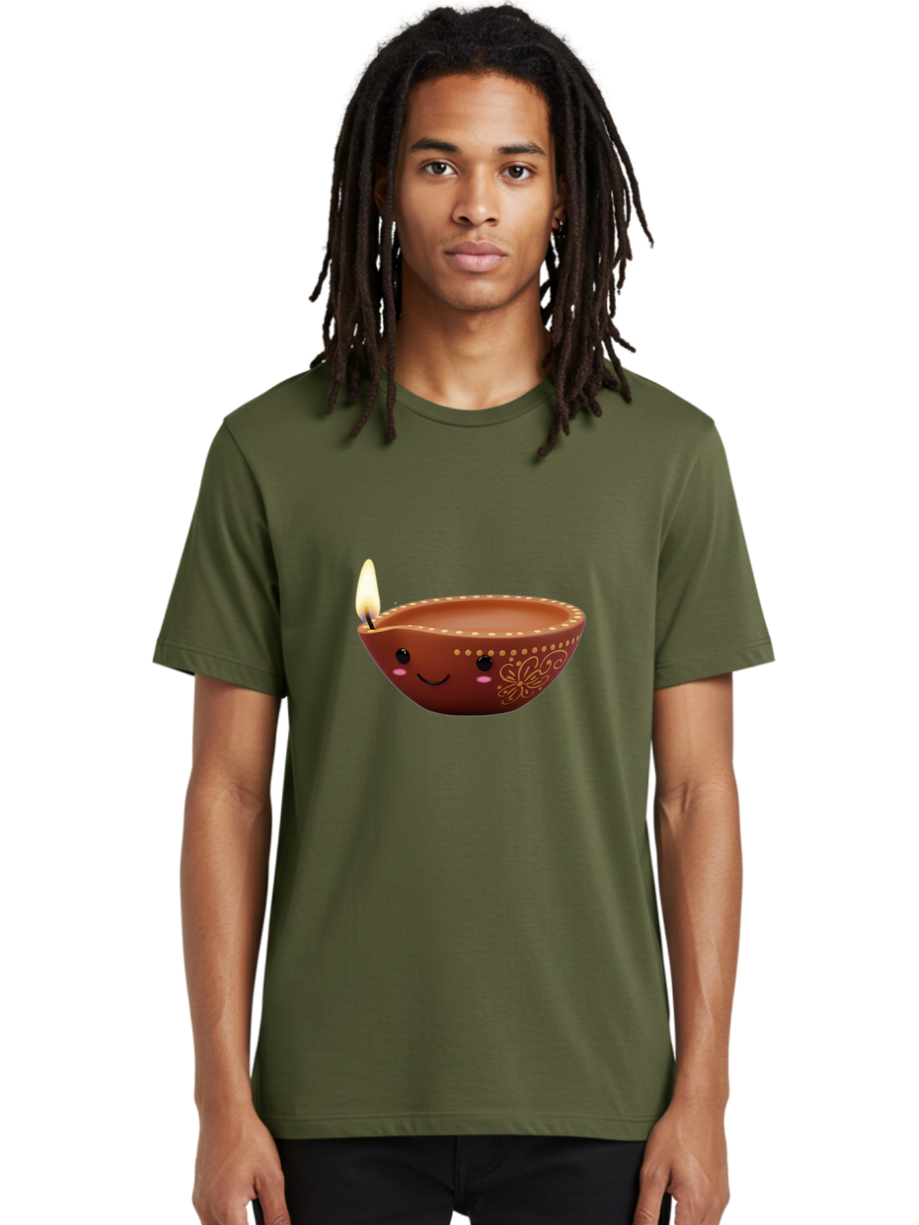 Diya-Lamp-7 Men'S Graphic Tee, 100% Cotton, Comfortable Casual Summer Wear, Machine Washable, Traditional Diya Lamp, Clay Diya, Lit Candle, Festive Decor, Indian Culture, Smiling Face, Decorative Patterns, Warm Glow, Cultural Heritage, Bad024