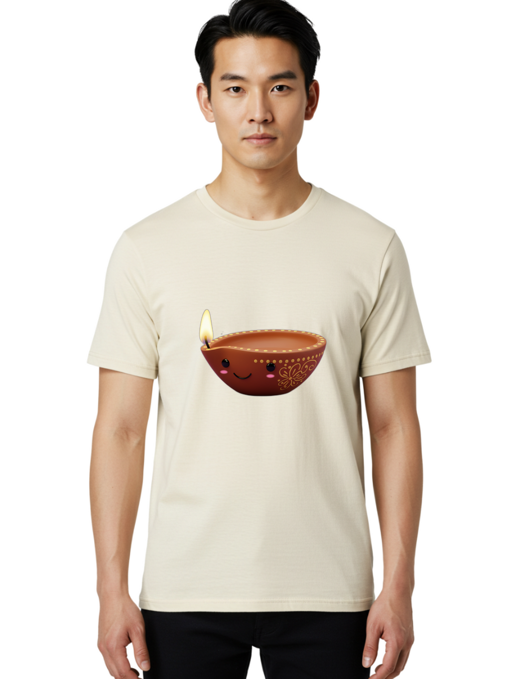 Diya-Lamp-7 Men'S Graphic Tee, 100% Cotton, Comfortable Casual Summer Wear, Machine Washable, Traditional Diya Lamp, Clay Diya, Lit Candle, Festive Decor, Indian Culture, Smiling Face, Decorative Patterns, Warm Glow, Cultural Heritage, Bad024