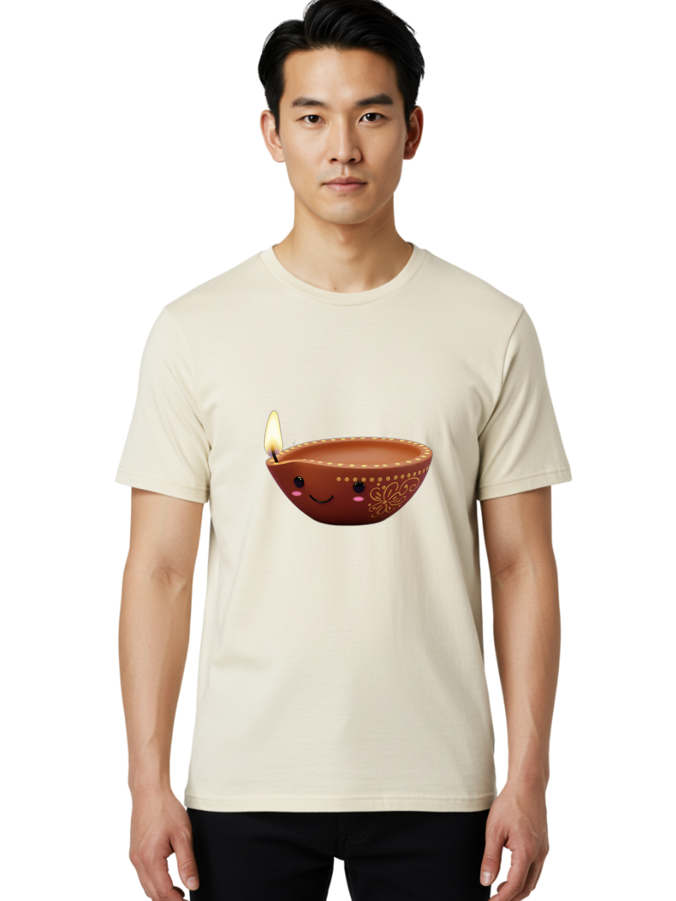 Diya-Lamp-7 Men'S Graphic Tee, 100% Cotton, Comfortable Casual Summer Wear, Machine Washable, Traditional Diya Lamp, Clay Diya, Lit Candle, Festive Decor, Indian Culture, Smiling Face, Decorative Patterns, Warm Glow, Cultural Heritage, Bad024