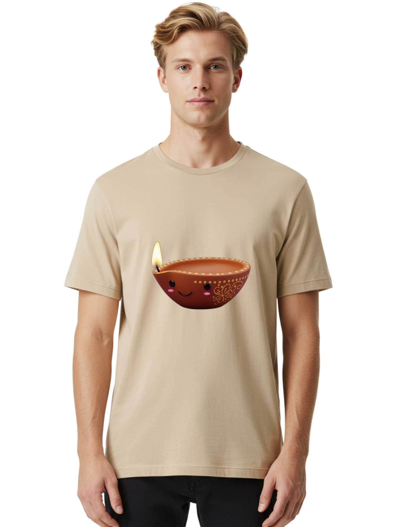 Diya-Lamp-7 Men'S Graphic Tee, 100% Cotton, Comfortable Casual Summer Wear, Machine Washable, Traditional Diya Lamp, Clay Diya, Lit Candle, Festive Decor, Indian Culture, Smiling Face, Decorative Patterns, Warm Glow, Cultural Heritage, Bad024