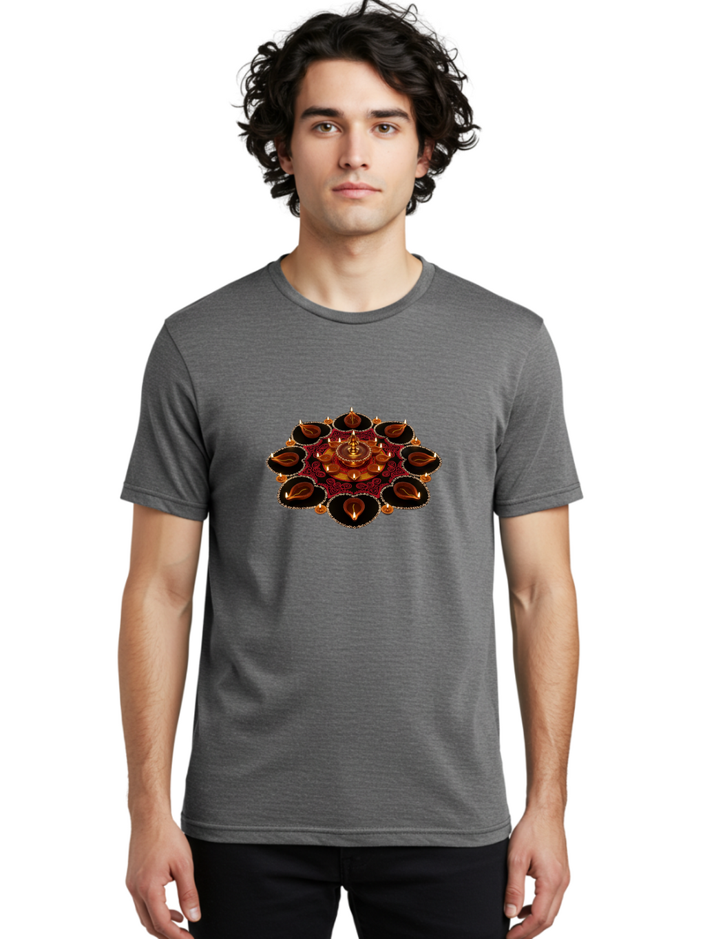 Diya-Lantern-Arrangement Men'S Graphic Tee, 100% Cotton, Comfortable Casual Summer Wear, Machine Washable, Diwali Decorations, Diya Lamps, Festive Lighting, Indian Culture, Traditional Diyas, Rangoli Design, Glowing Diyas, Intricate Patterns, Bad026