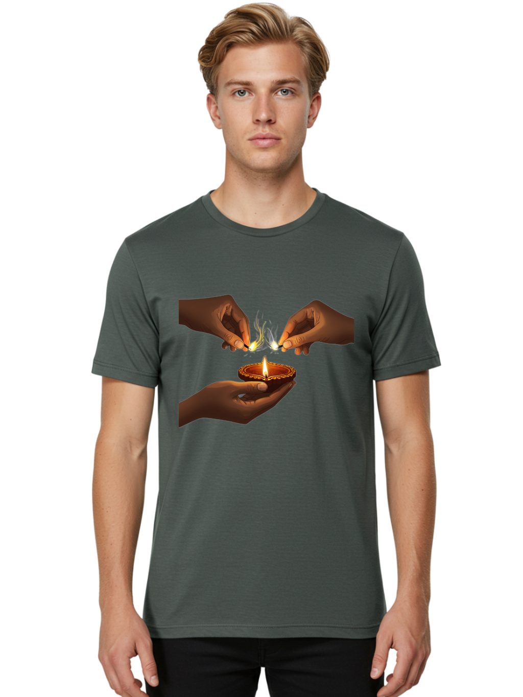 Diya-Lighting Men'S Graphic Tee, 100% Cotton, Comfortable Casual Summer Wear, Machine Washable, Lighting Diya, Traditional Indian Lamp, Unity In Diversity, Cultural Heritage, Festive Atmosphere, Togetherness, Harmony, Diwali Celebration Bad027