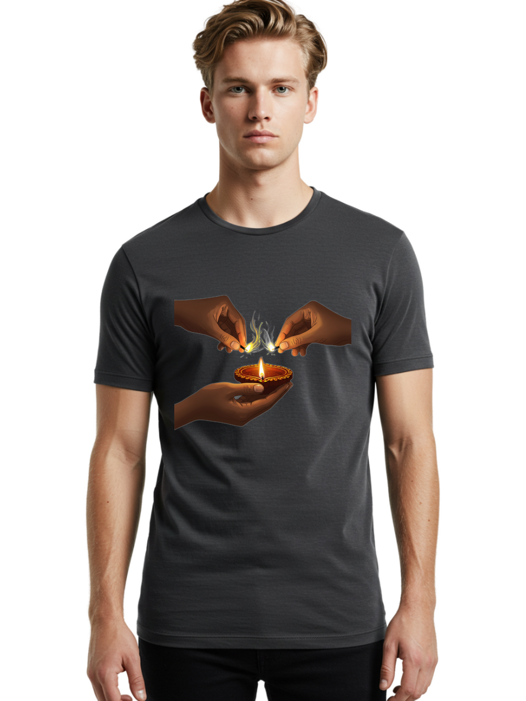 Diya-Lighting Men'S Graphic Tee, 100% Cotton, Comfortable Casual Summer Wear, Machine Washable, Lighting Diya, Traditional Indian Lamp, Unity In Diversity, Cultural Heritage, Festive Atmosphere, Togetherness, Harmony, Diwali Celebration Bad027