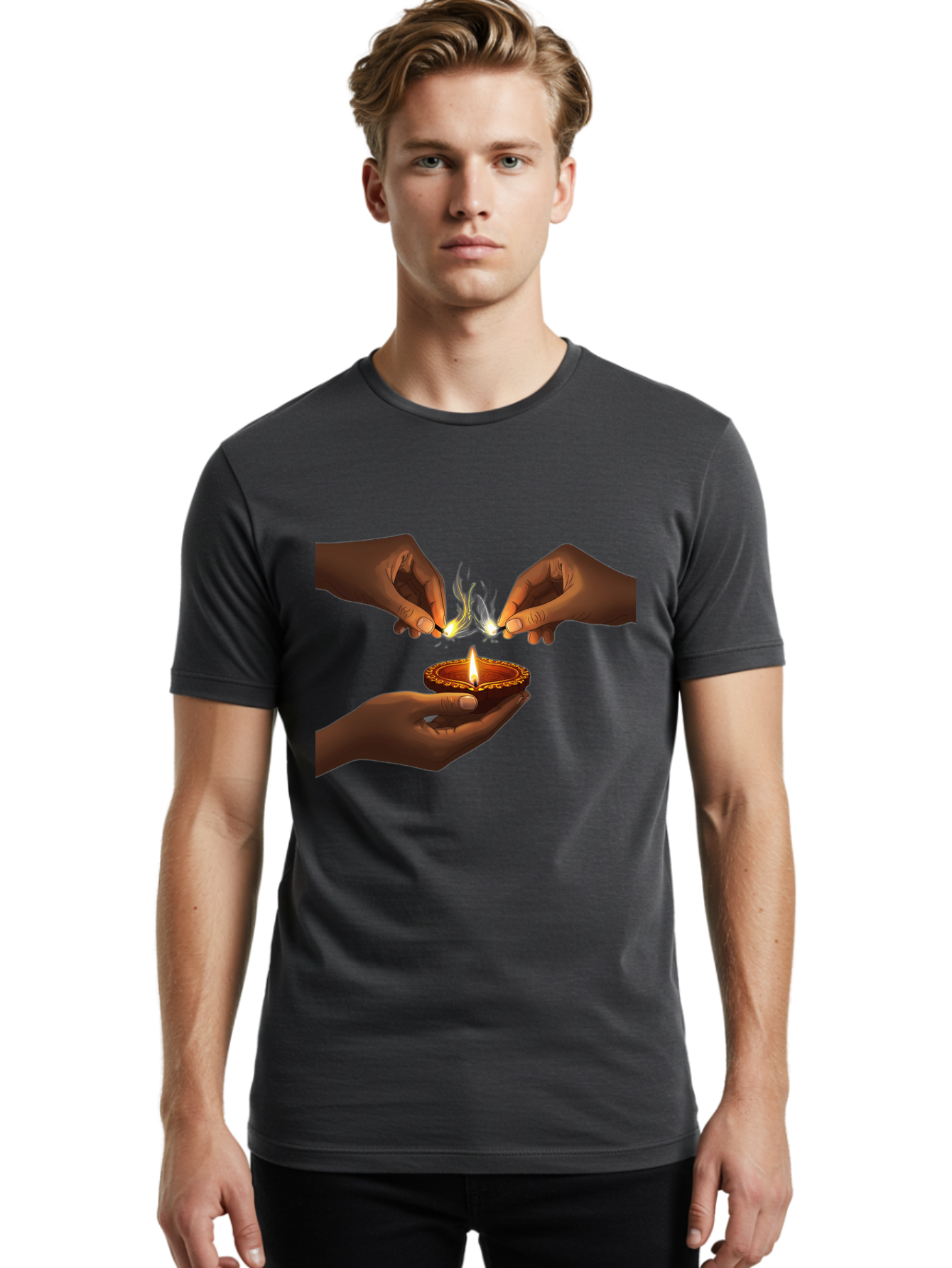 Diya-Lighting Men'S Graphic Tee, 100% Cotton, Comfortable Casual Summer Wear, Machine Washable, Lighting Diya, Traditional Indian Lamp, Unity In Diversity, Cultural Heritage, Festive Atmosphere, Togetherness, Harmony, Diwali Celebration Bad027